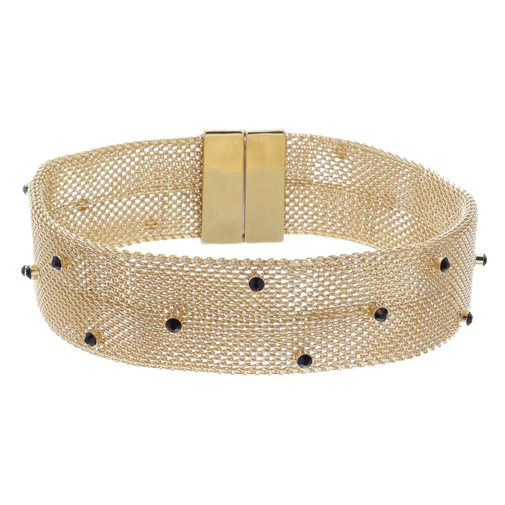 Wide Gold Woven Mesh Chain Band with Mini Jet Crystal Accents Bracelet, 7.5-8" Around