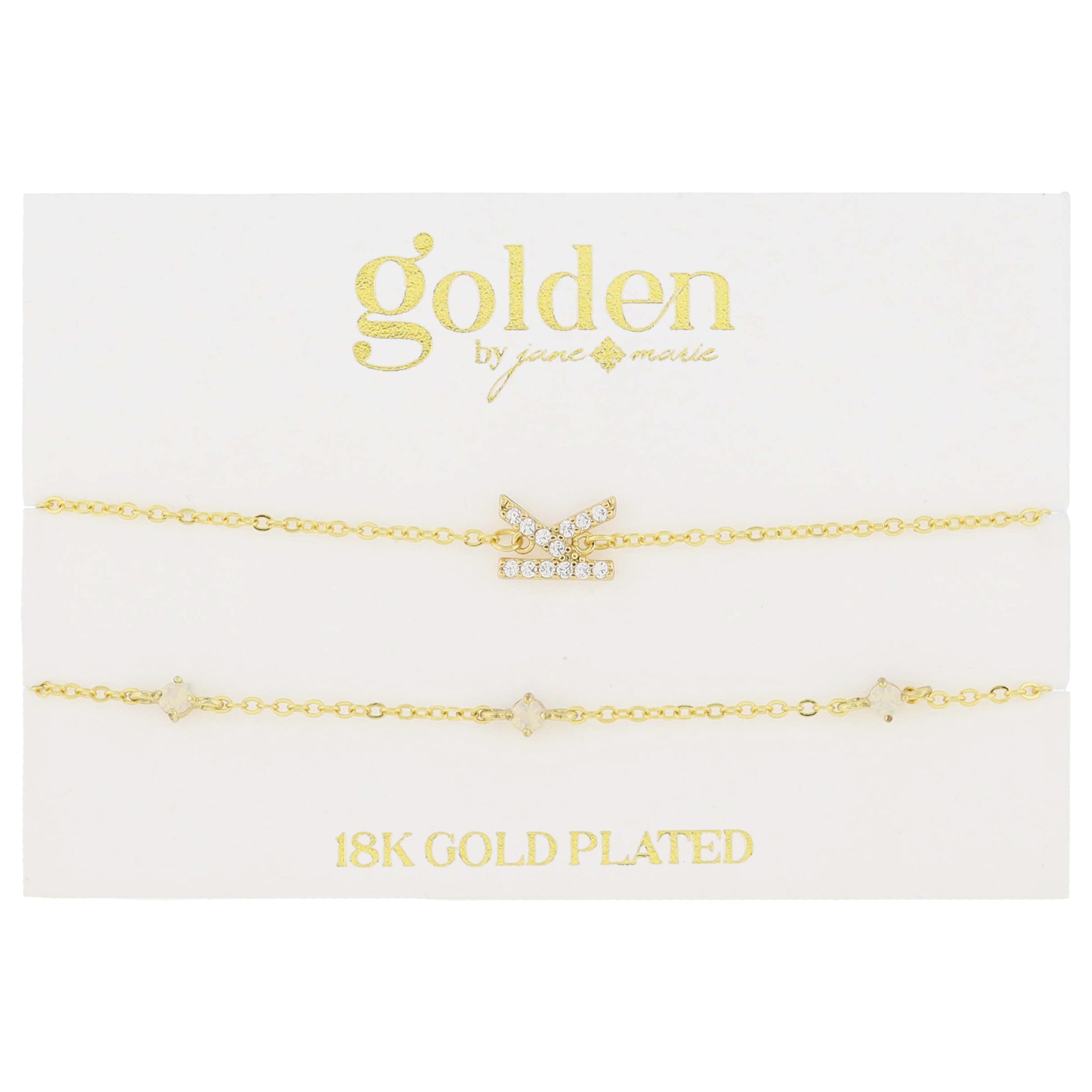 7" Around 18K Gold Plated Set of 2, Cubic Zirconia Pave "K" Initial, Multi Opals Bracelet, 1.5" Ext