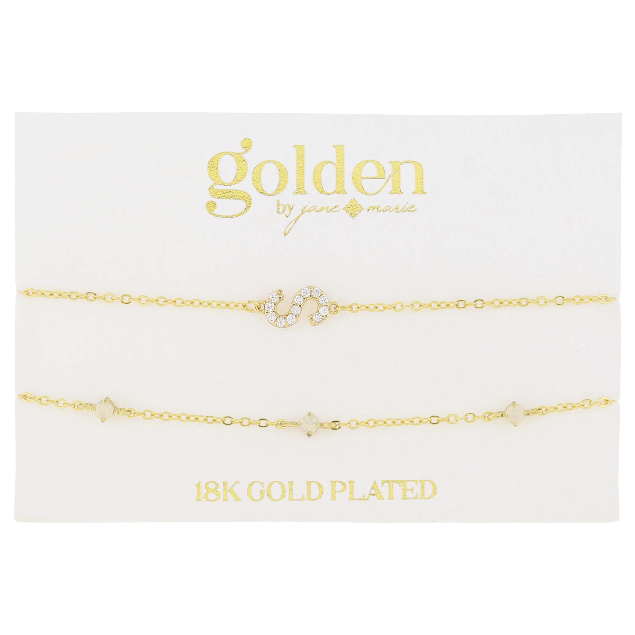 7" Around 18K Gold Plated Set of 2, Cubic Zirconia Pave "S" Initial, Multi Opals Bracelet, 1.5" Ext