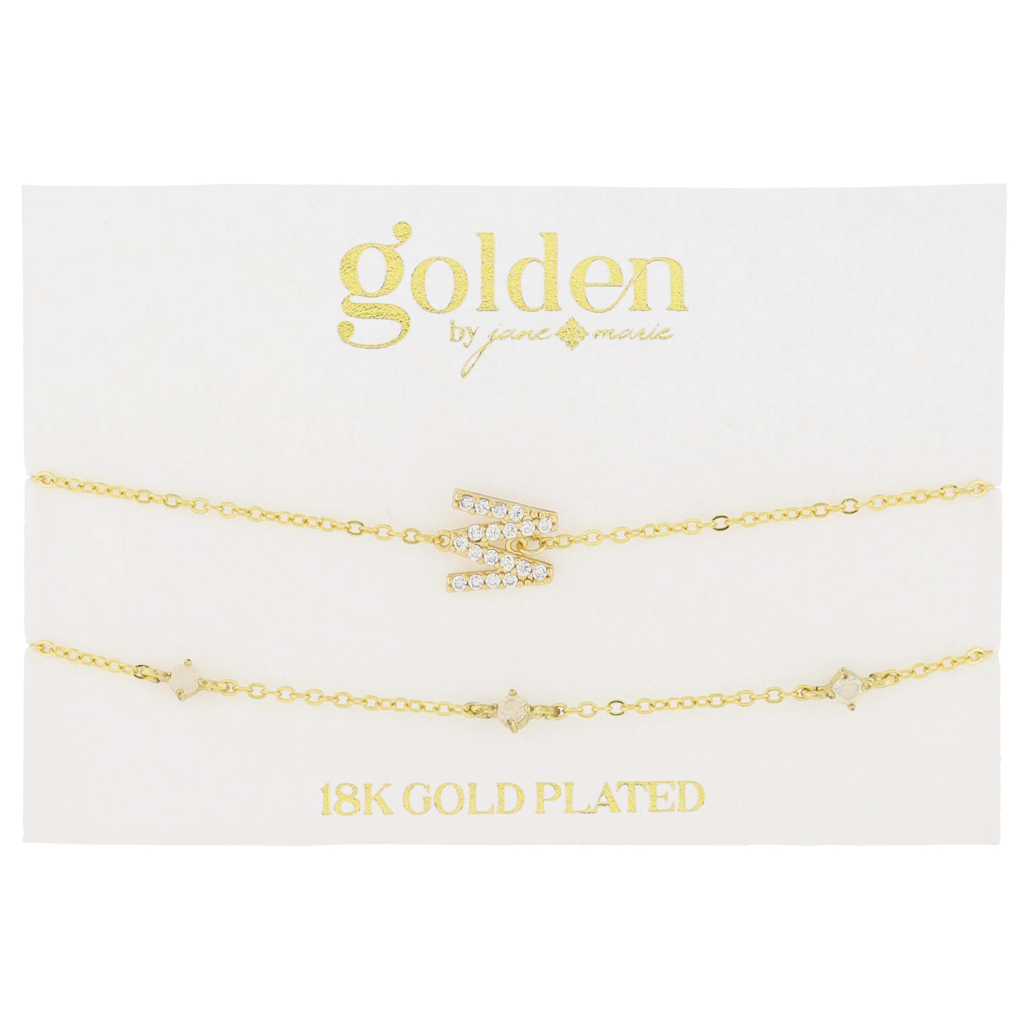 7" Around 18K Gold Plated Set of 2, Cubic Zirconia Pave "W" Initial, Multi Opals Bracelet, 1.5" Ext