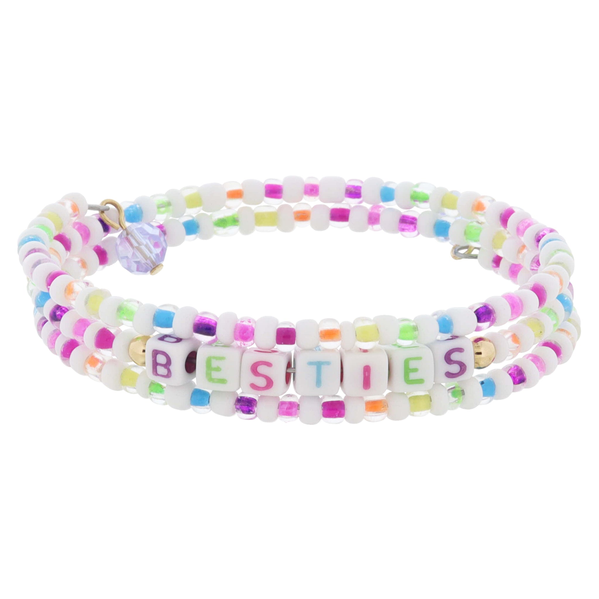Kids Alternating Multi and White with "BESTIES" Beaded Coil Bracelet, .5" Pendant