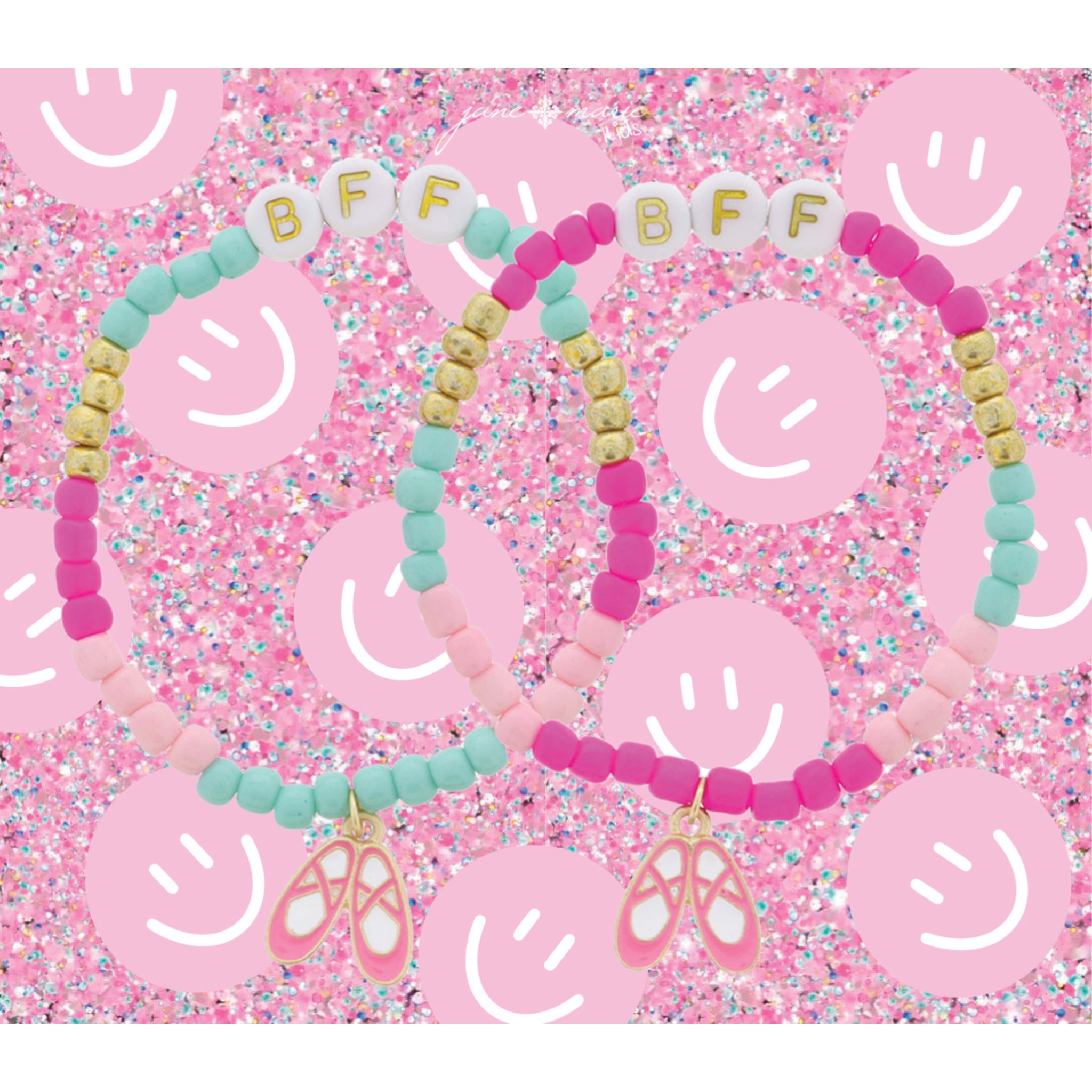 Kids Set of 2, Matching "BFF" Beaded with Pink & White Ballerina Slippers Bracelet, .75" Pendants