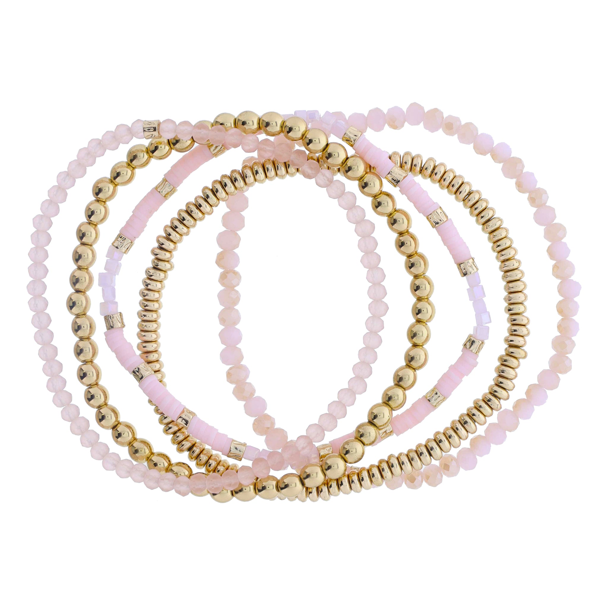 Set of 5 Coordinating Light Pink, Rose, Gold Beaded Bracelets, 8" Around