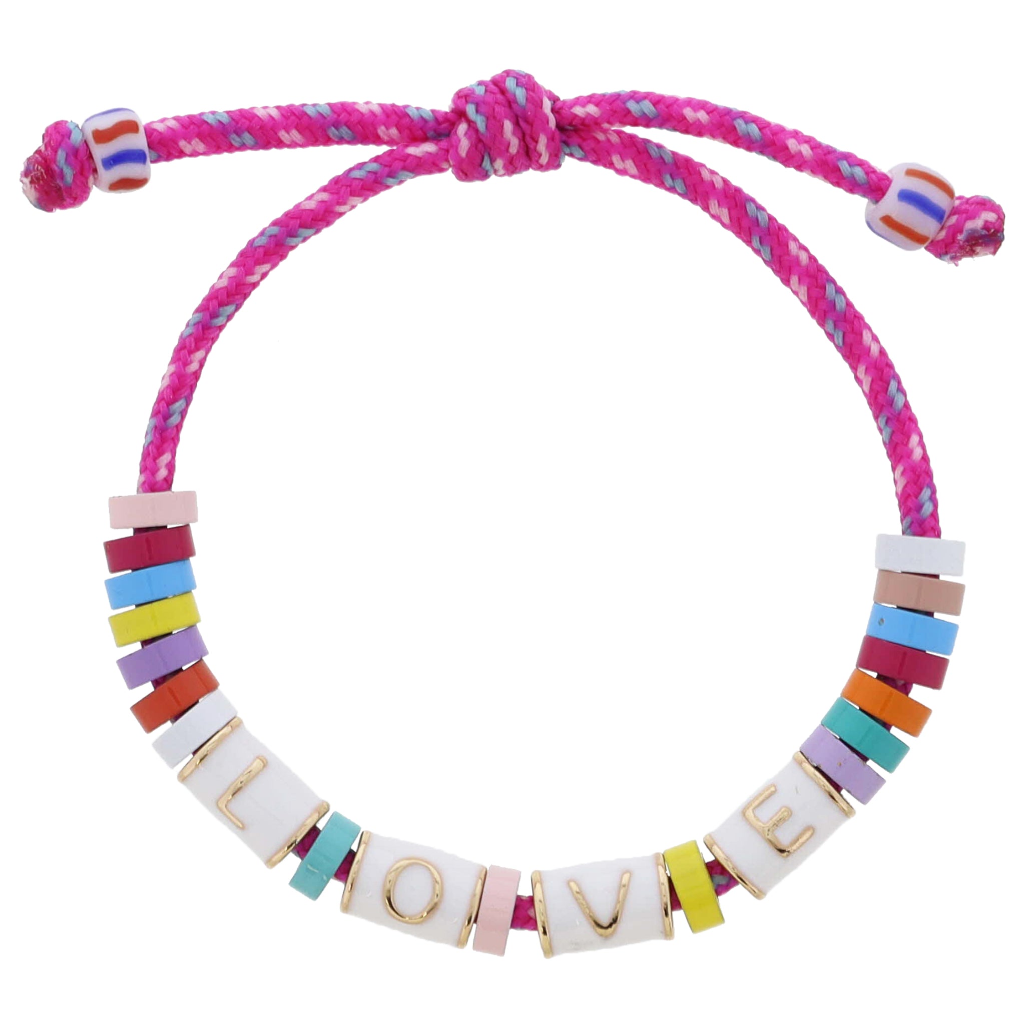 Kids Adj. Gold and White Enamel "LOVE" Cylinder Beads with Multi Beads Bracelet, Pulley Closure