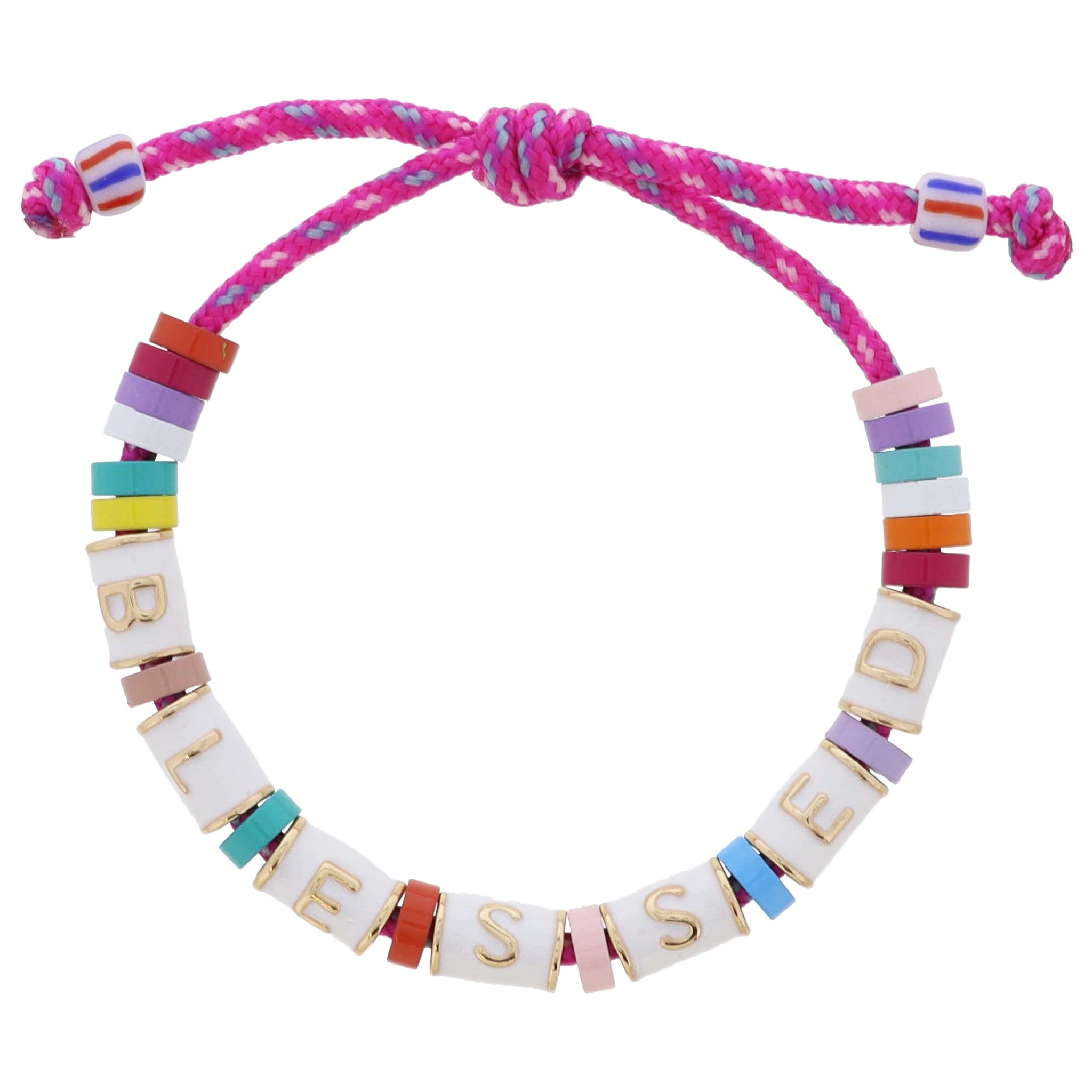 Kids Adj. Gold and White Enamel "BLESSED" Cylinder Beads with Multi Beads Bracelet, Pulley Closure