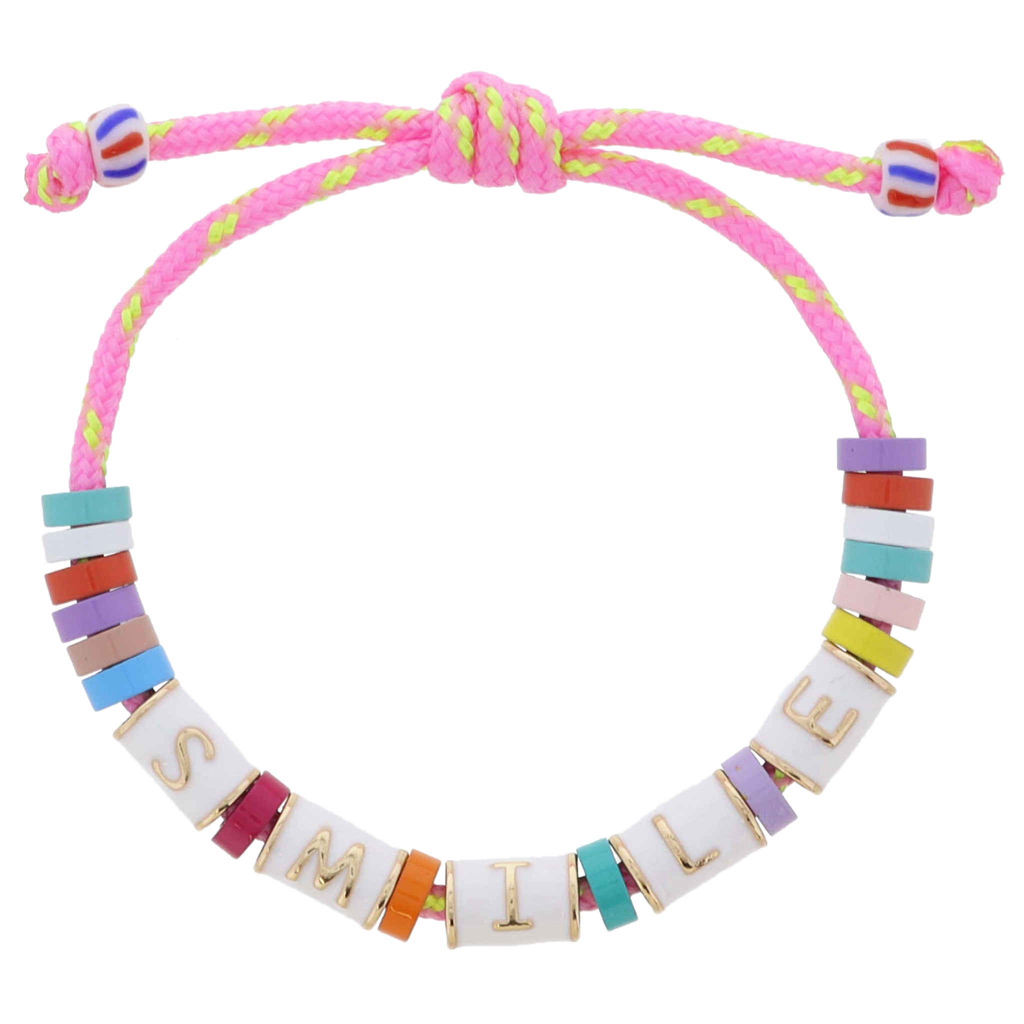 Kids Adj. Gold and White Enamel "SMILE" Cylinder Beads with Multi Beads Bracelet, Pulley Closure