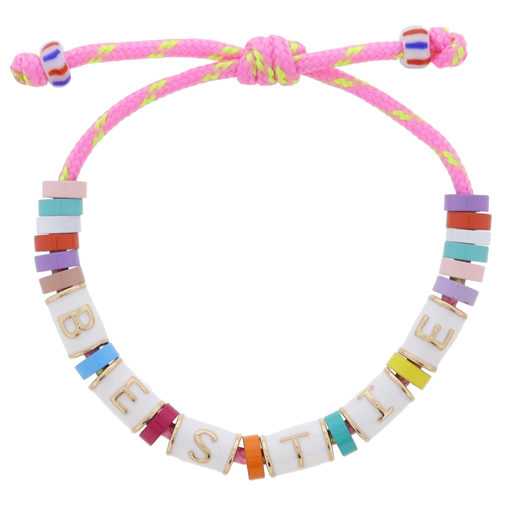 Kids Adj. Gold and White Enamel "BESTIE" Cylinder Beads with Multi Beads Bracelet, Pulley Closure