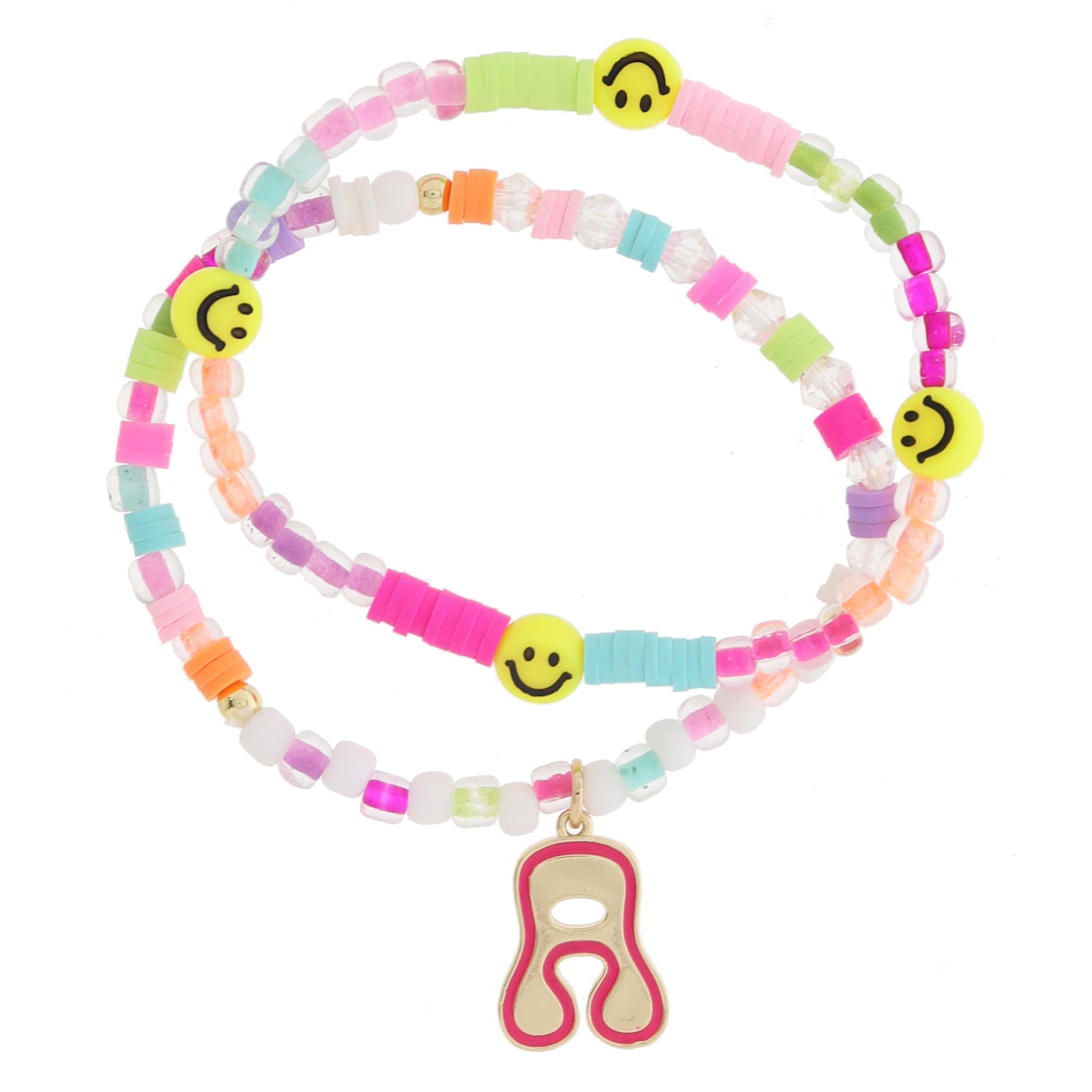 Kids Set of 2, Multi Beaded with Gold Retro Bubble "A" with Hot Pink Outline Bracelet, 6.5" Around