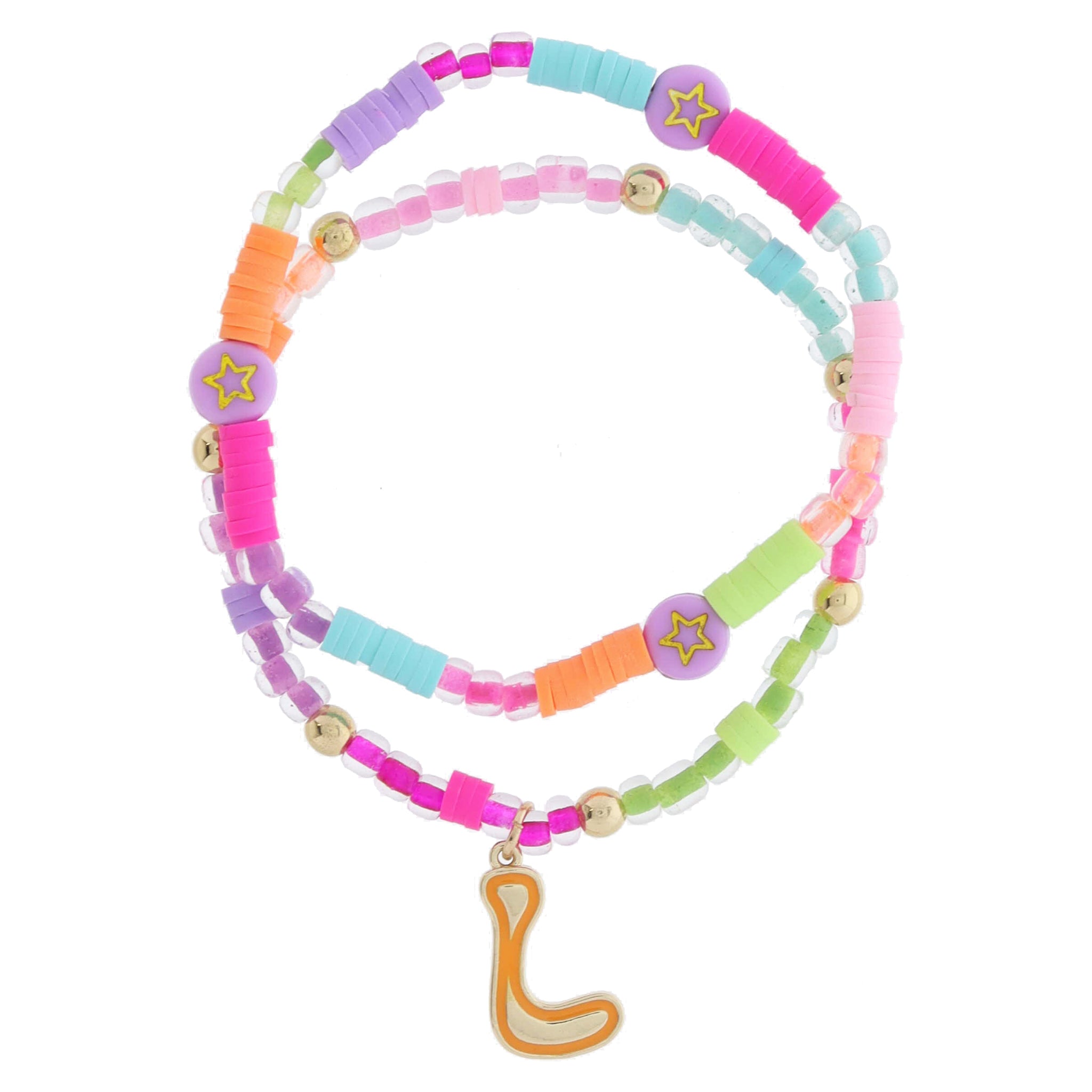 Kids Set of 2, Multi Beaded with Gold Retro Bubble "L" with Orange Outline Bracelet, 6.5" Around