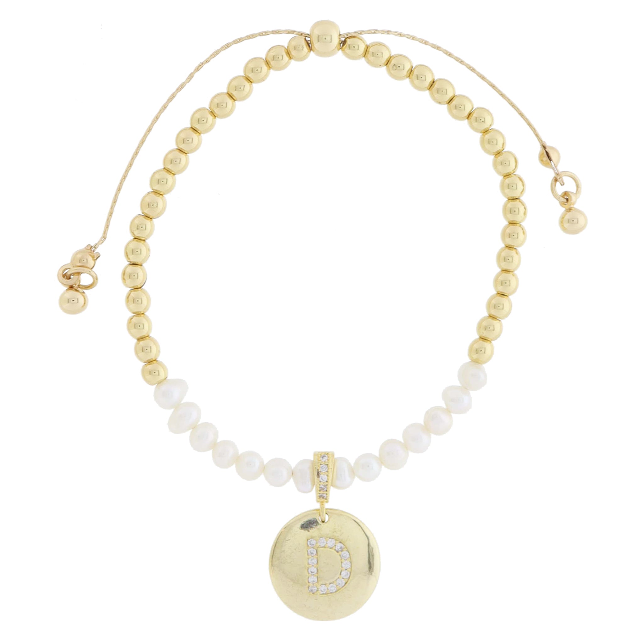 Small Freshwater Pearls and Pave Crystal Loop with Pave Crystal "D" Initial Gold Disc Adj. Bracelet