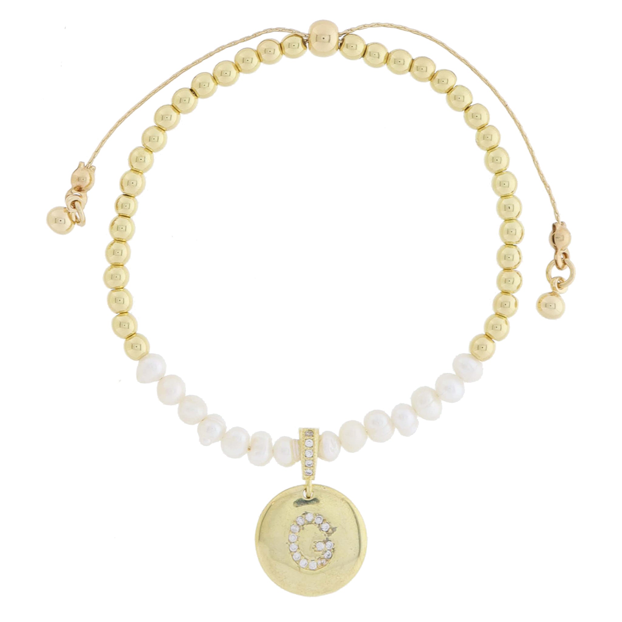 Small Freshwater Pearls and Pave Crystal Loop with Pave Crystal "G" Initial Gold Disc Adj. Bracelet