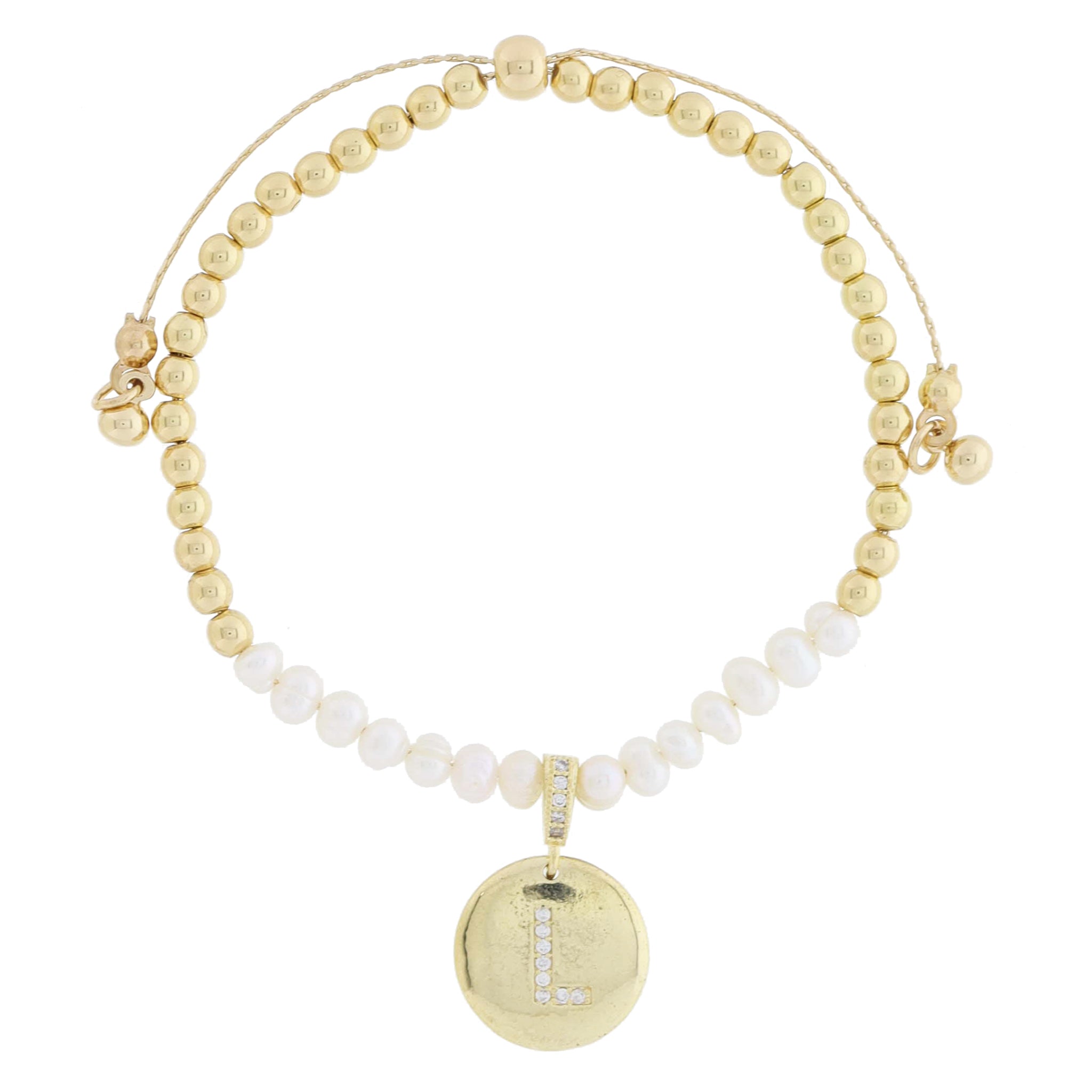 Small Freshwater Pearls and Pave Crystal Loop with Pave Crystal "L" Initial Gold Disc Adj. Bracelet