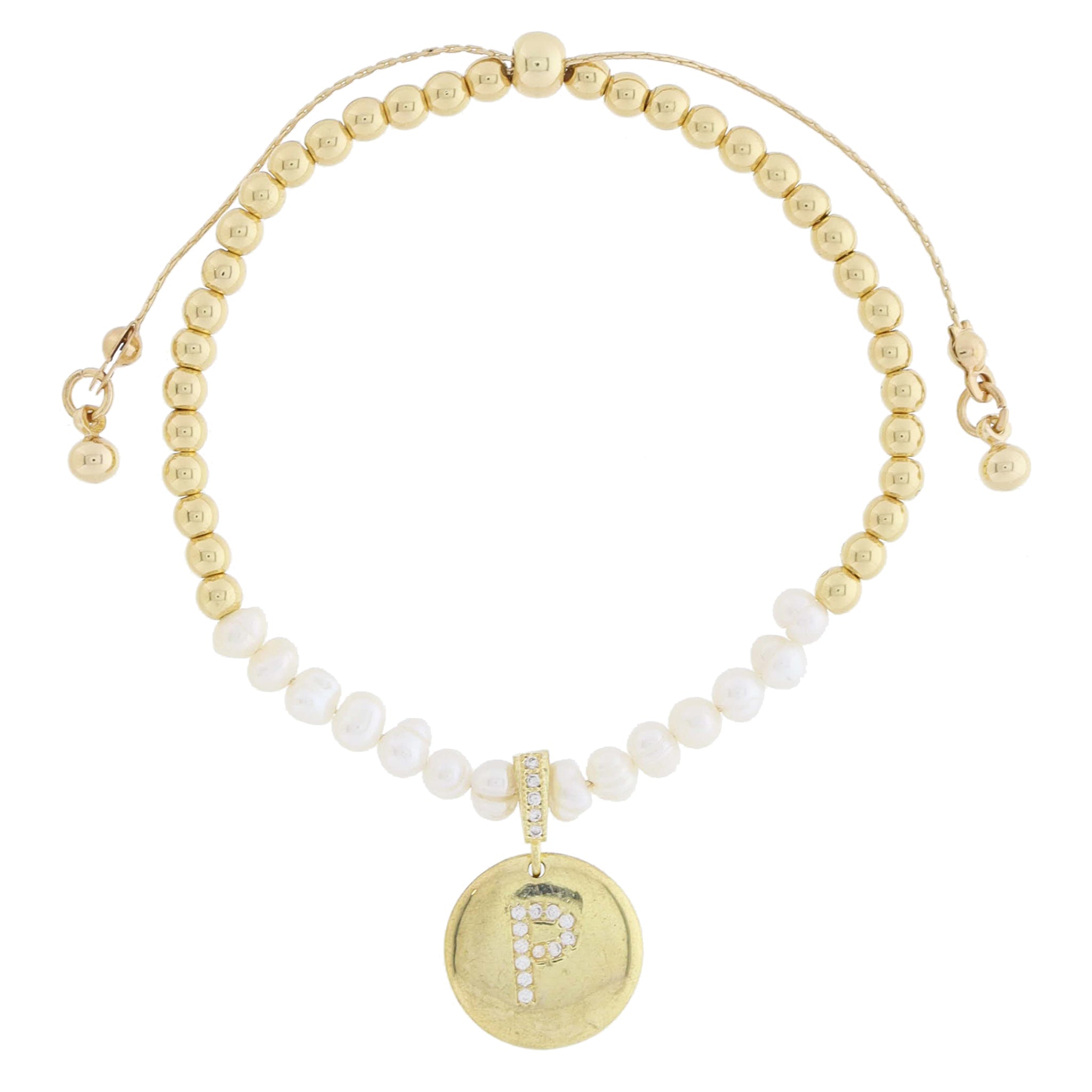 Small Freshwater Pearls and Pave Crystal Loop with Pave Crystal "P" Initial Gold Disc Adj. Bracelet