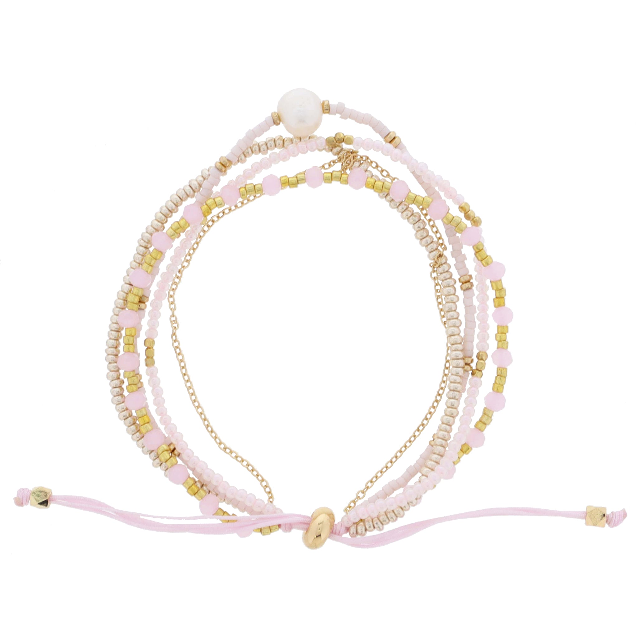 Thin 5 Strand Coordinating Light Pink, Gold, Rose Beaded with Pearl & Chain Accent Adj. Bracelet