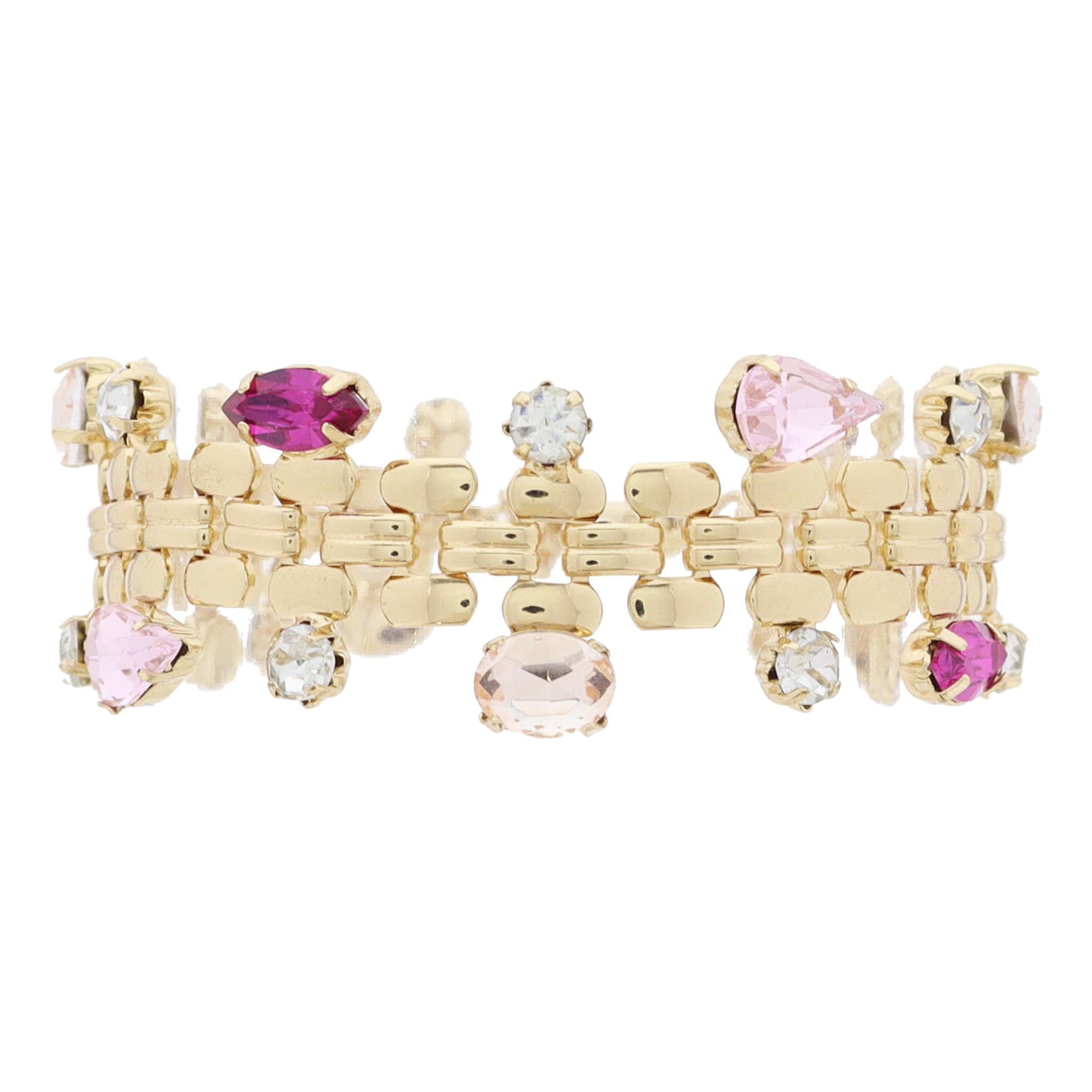 Gold Watch Band Chain with Multi Pink Shaped & Clear Crystals Along Outer Edges Bracelet, 7" Around