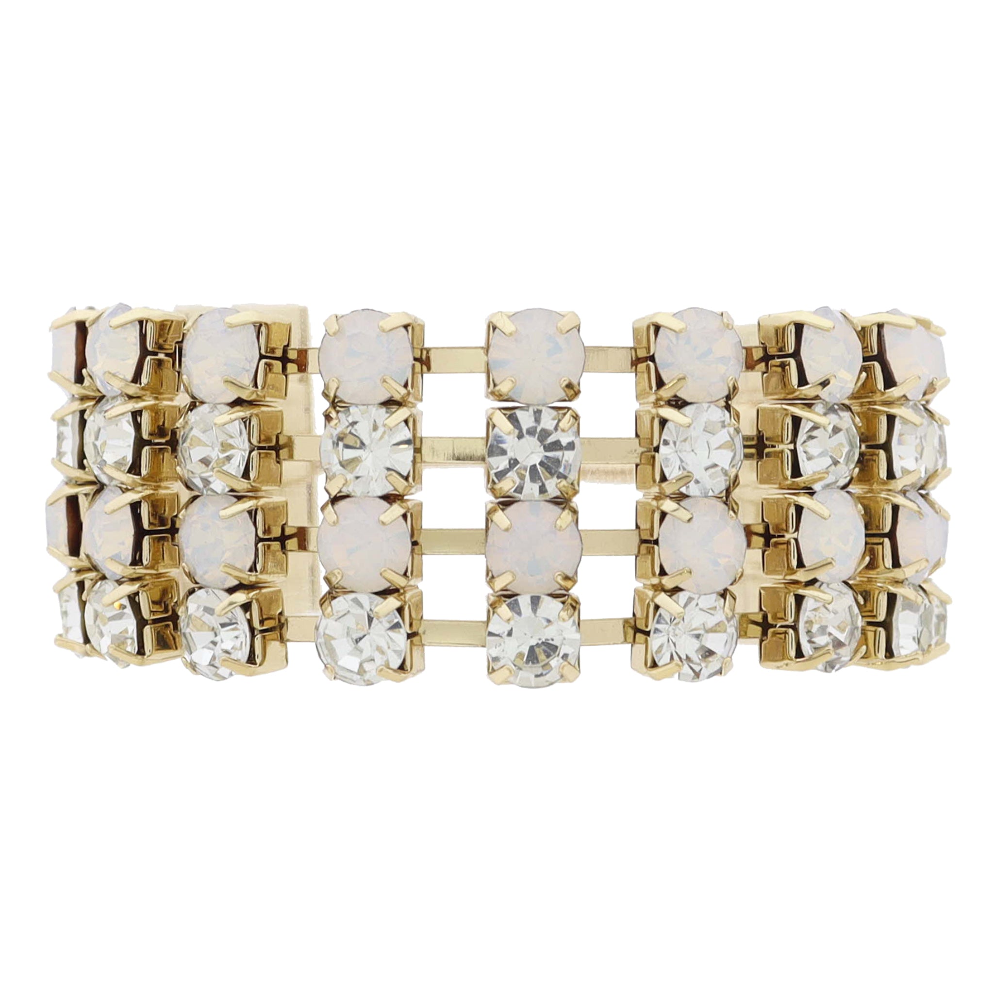 Wide Moonstone and Clear Crystal Lined Band Bracelet, Adj.
