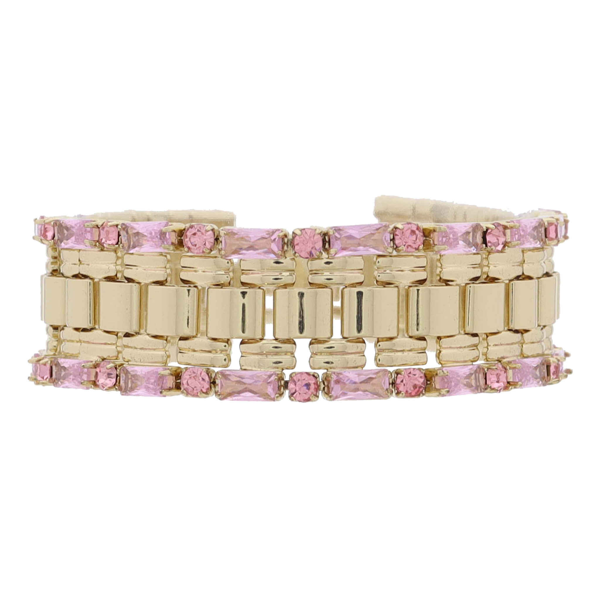 Gold Watch Band with Light Pink Baguette and Mini Circle Crystal Edge Bracelet, 7.5" Around