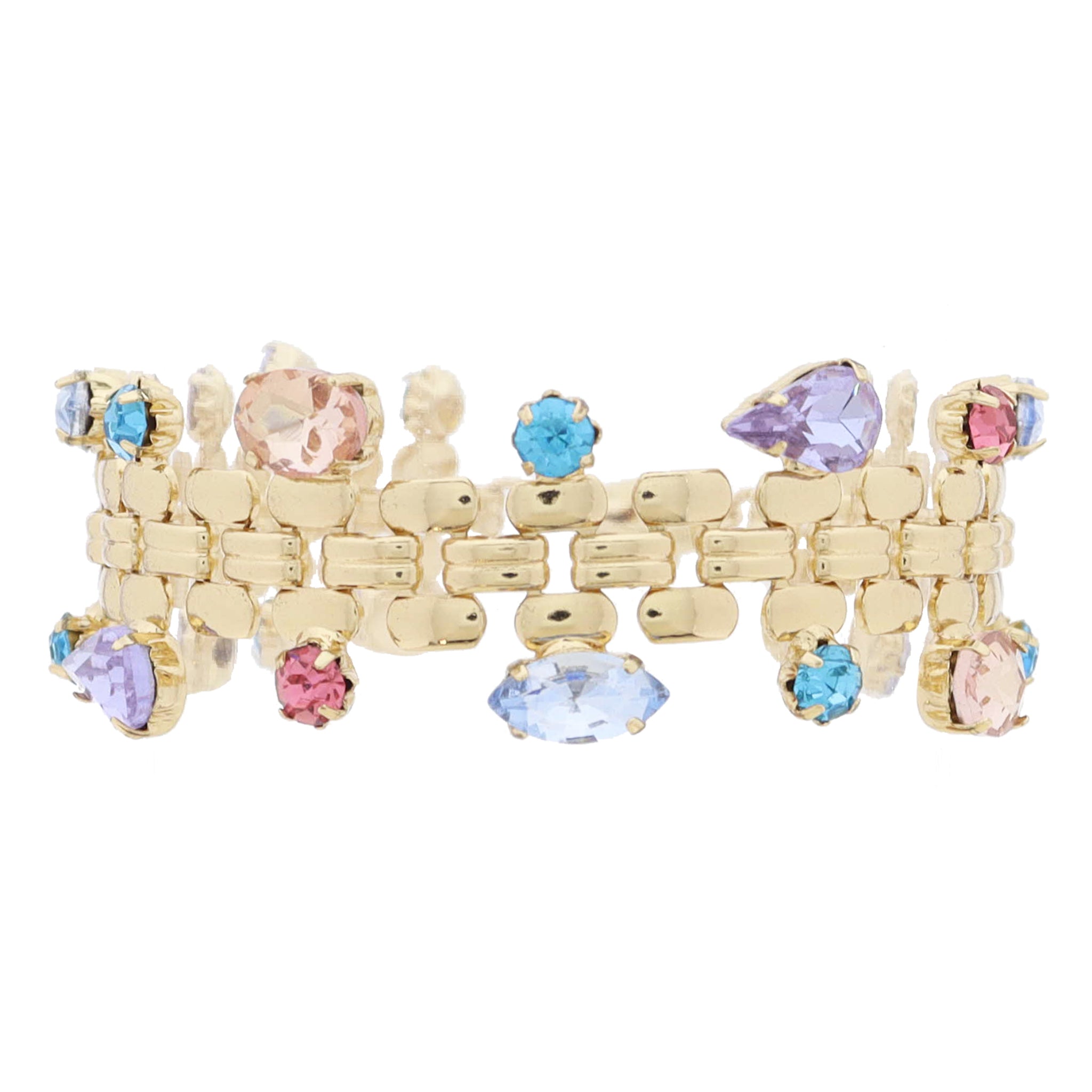 Gold Watch Band Chain with Multi Blue & Pink Shaped Crystals Along Outer Edges Bracelet, 7" Around