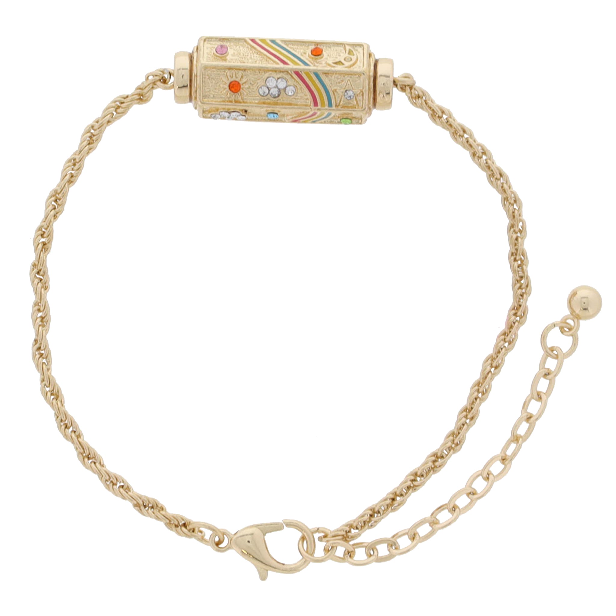 6-Sided Cylinder Bar, Multi Rainbow with Crystal Stars, Clouds, Sun, Moon Bracelet, 7.5" Around