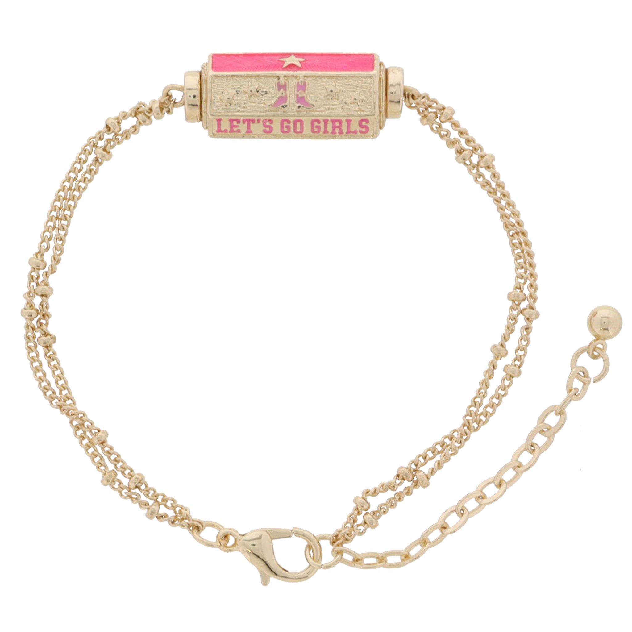 6-Sided Cylinder Bar, Stars & Pink Cowgirl Boots, "LET'S GO GIRLS", Star Pink Bracelet, 7.5" Around