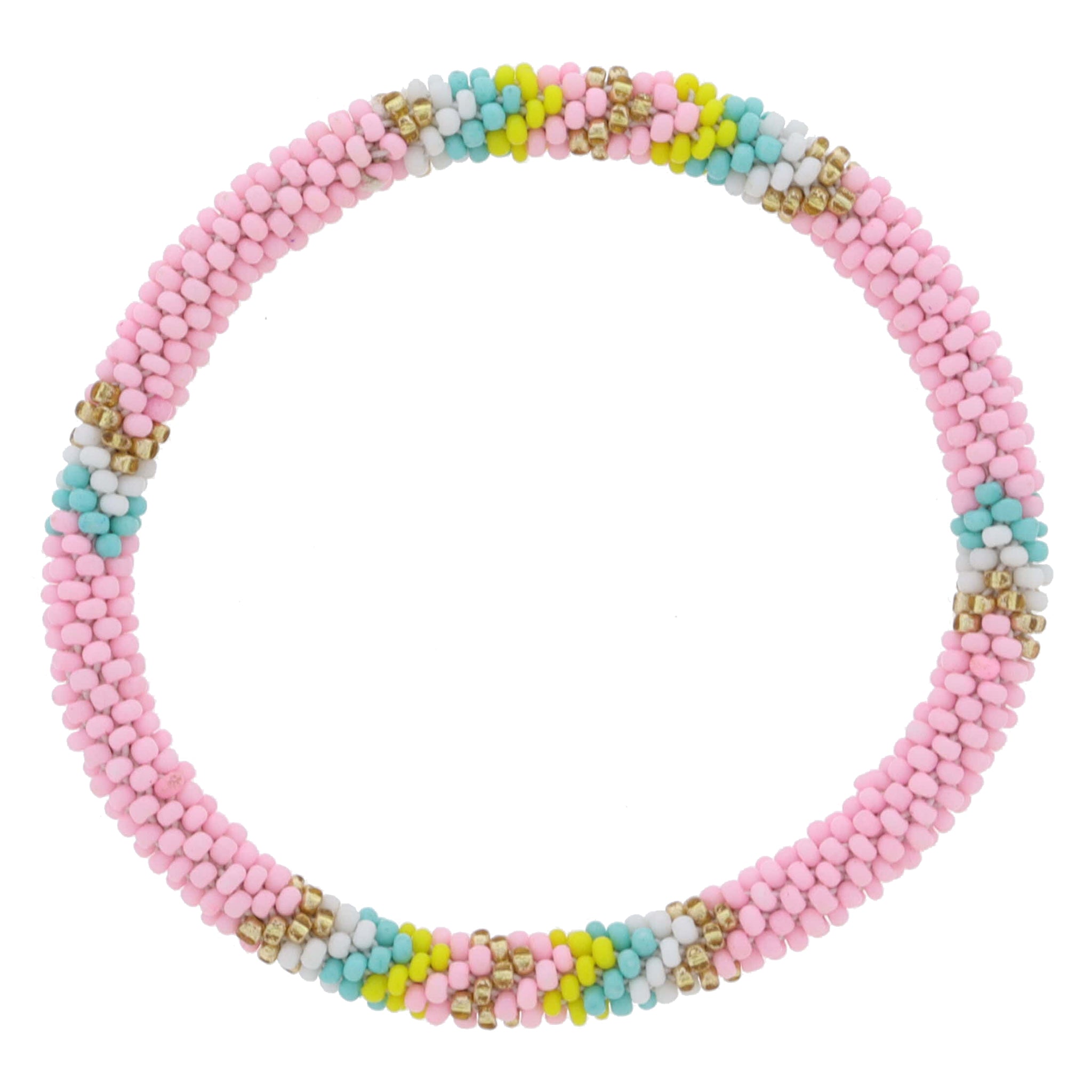 Light Pink with Gold, White, Turquoise, Bright Yellow Seed Beaded Bracelet, 7.5" Around
