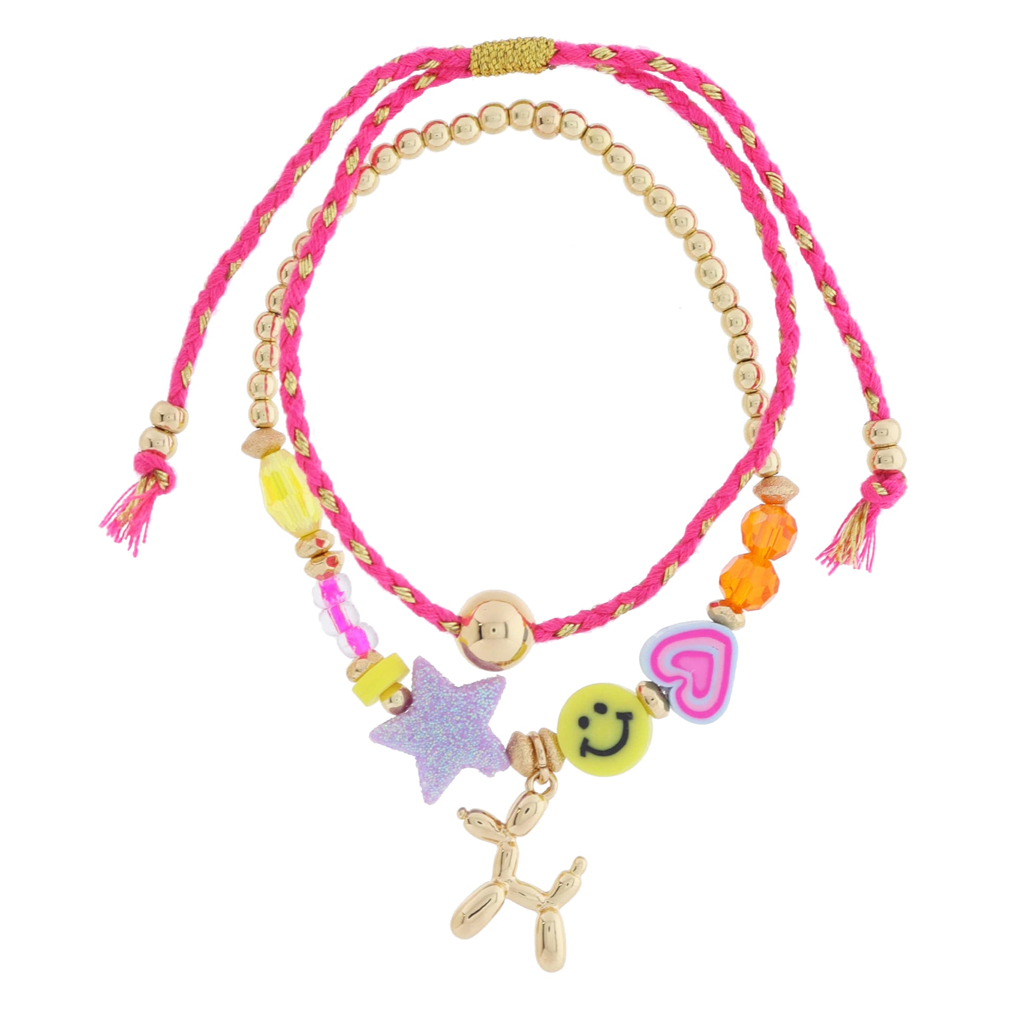 Kids Set of 2, Multi & Gold Beads, Balloon Dog, Pink & Gold Cord Adjustable Bracelet, 6.5" Around