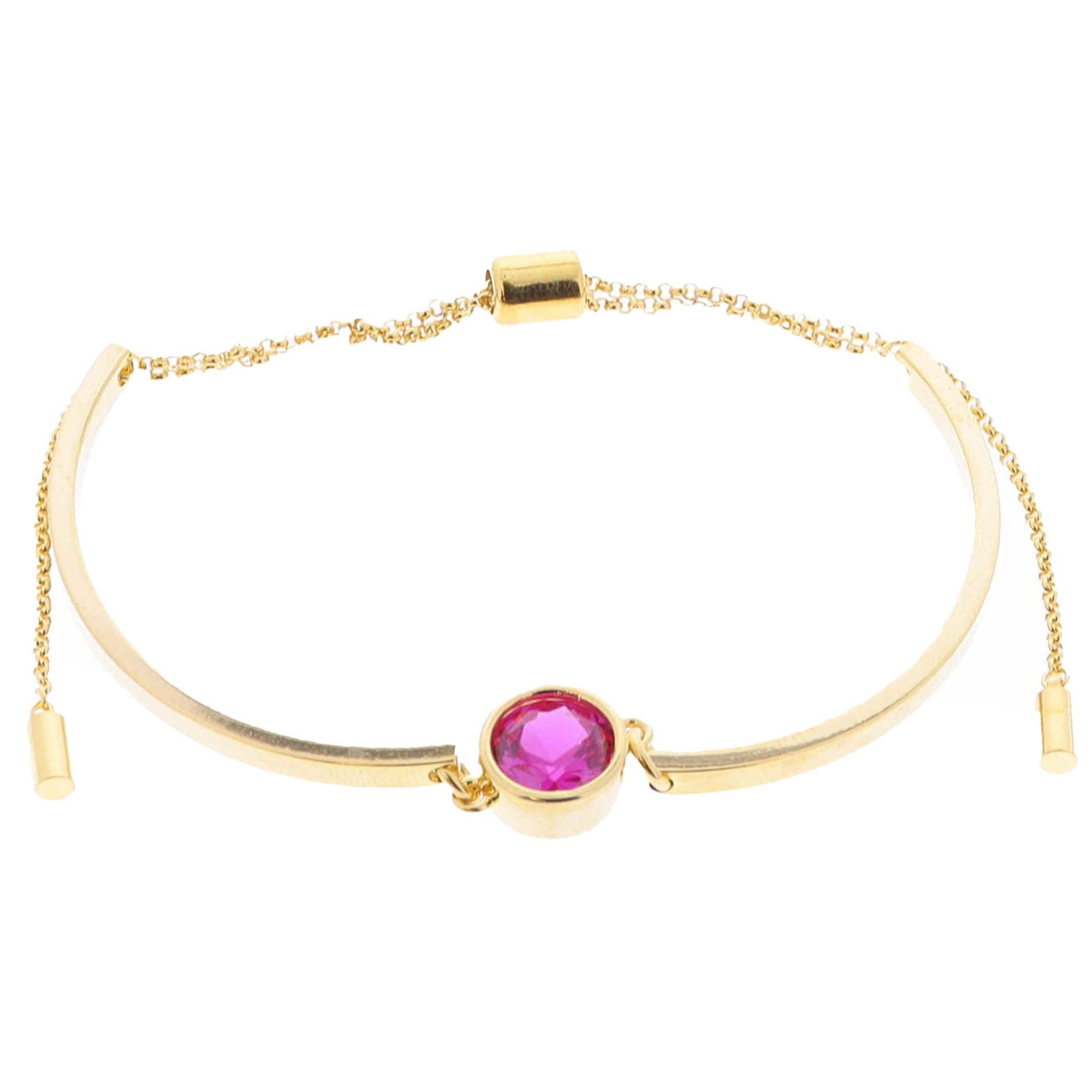 18K Gold Plated Hot Pink Bezel Center Crystal on Curved Gold Bars Bracelet