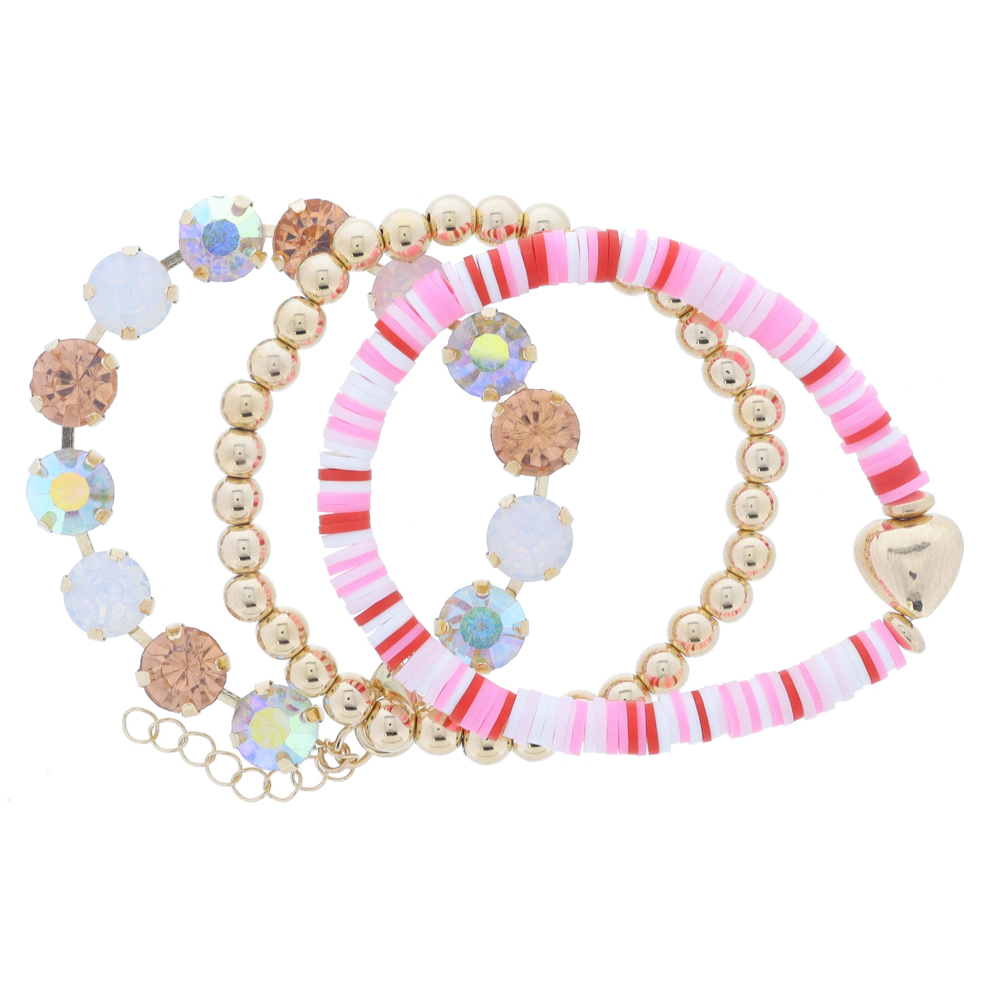 Set of 3, Pinks & Red Sequin with Gold Heart, Gold Balls, Champagne, Moonstone Crystals Bracelet