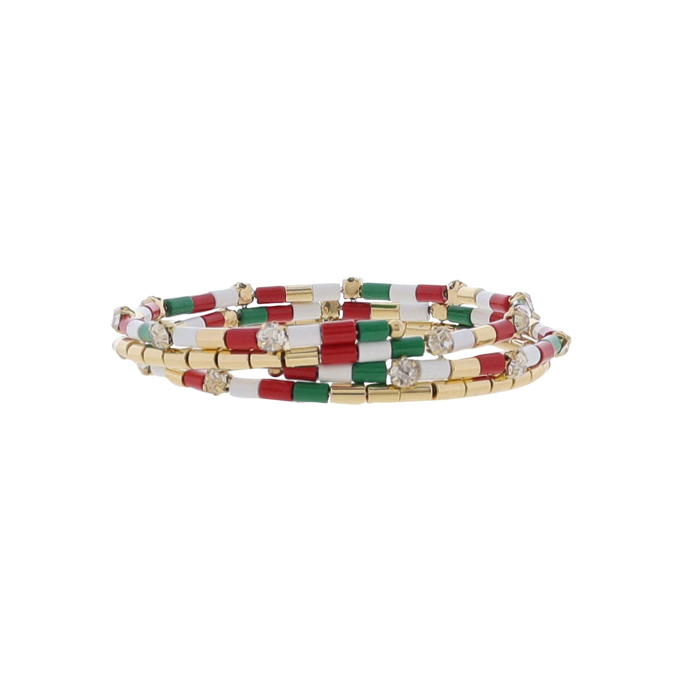 Green, Red, White, Gold Beaded Bracelet with Clear Crystal Accents