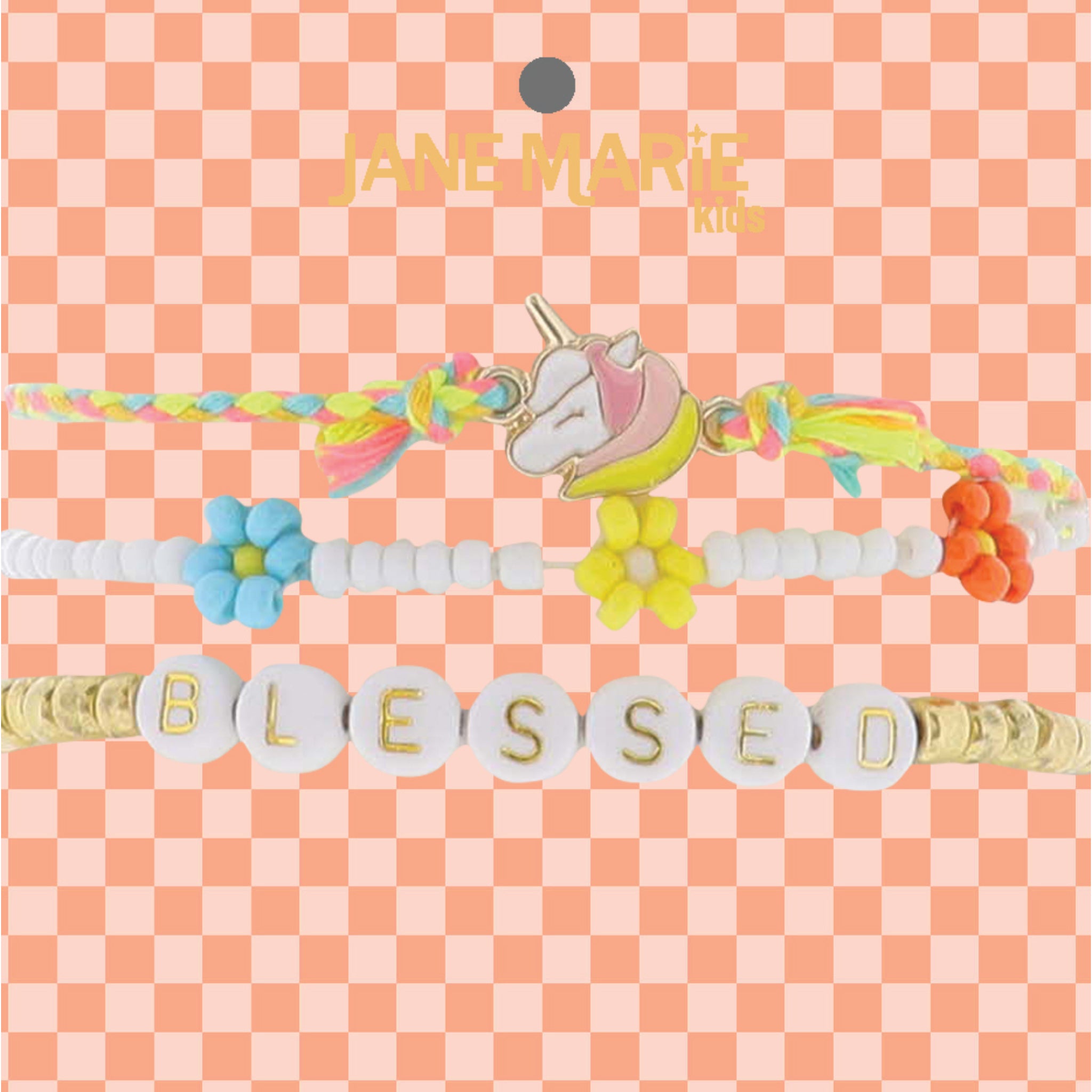 Kids Set of 3, Rubber Disk Strand, Braided Rope Strand, Beaded "Blessed" & Cross Bracelet