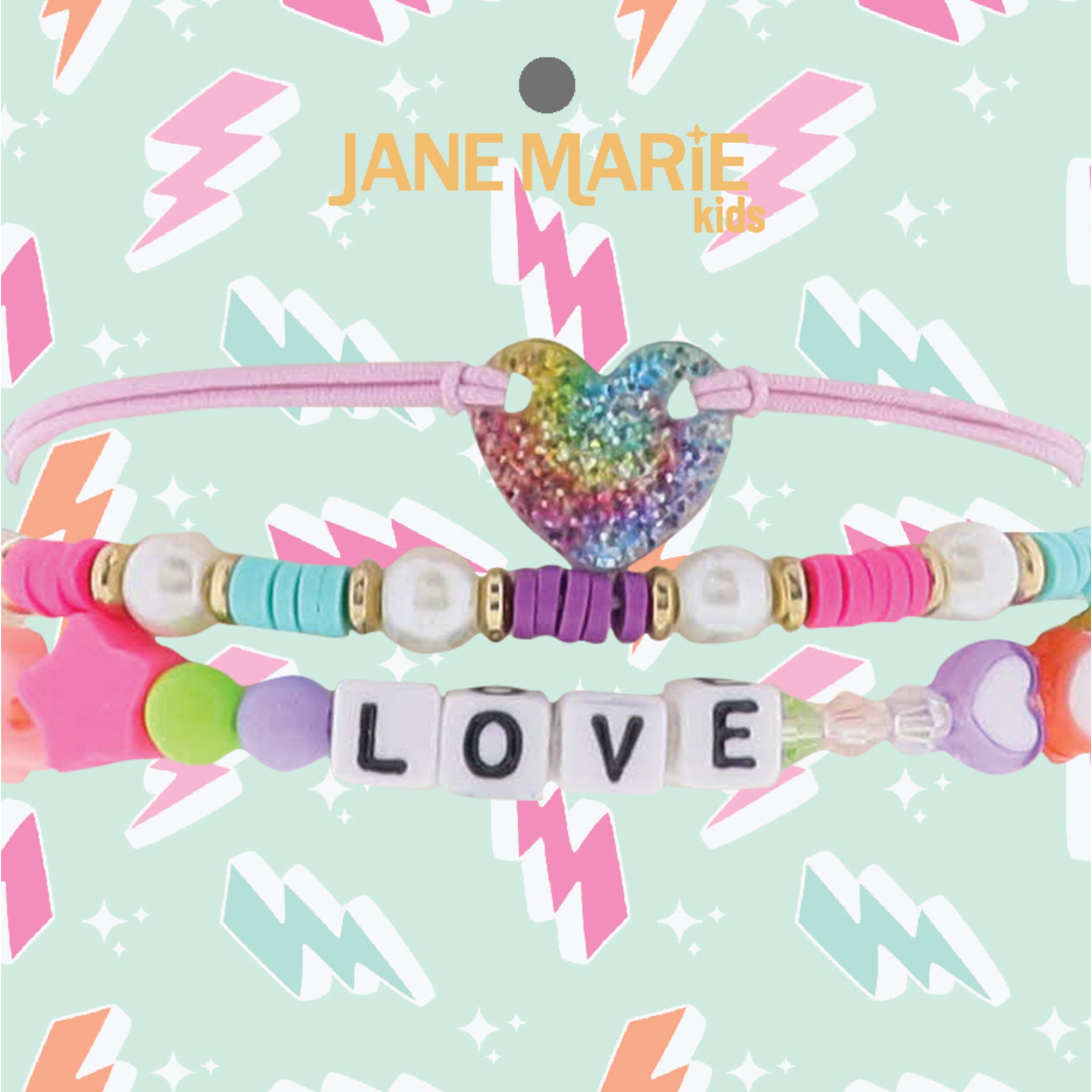 Kids Set of 3, Rubber Disk Strand, Light Pink Rope Strand, Beaded "Love" & Glitter Heart Bracelet