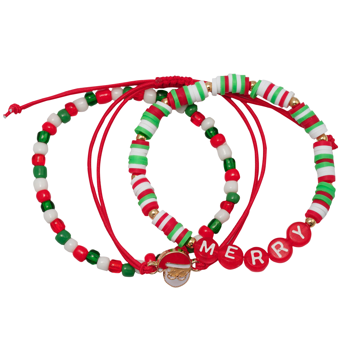 Kids Red, White, Green Rubber Disk, Beaded, Rope Stretch, Pulley Bracelet with "Merry" & Red Santa