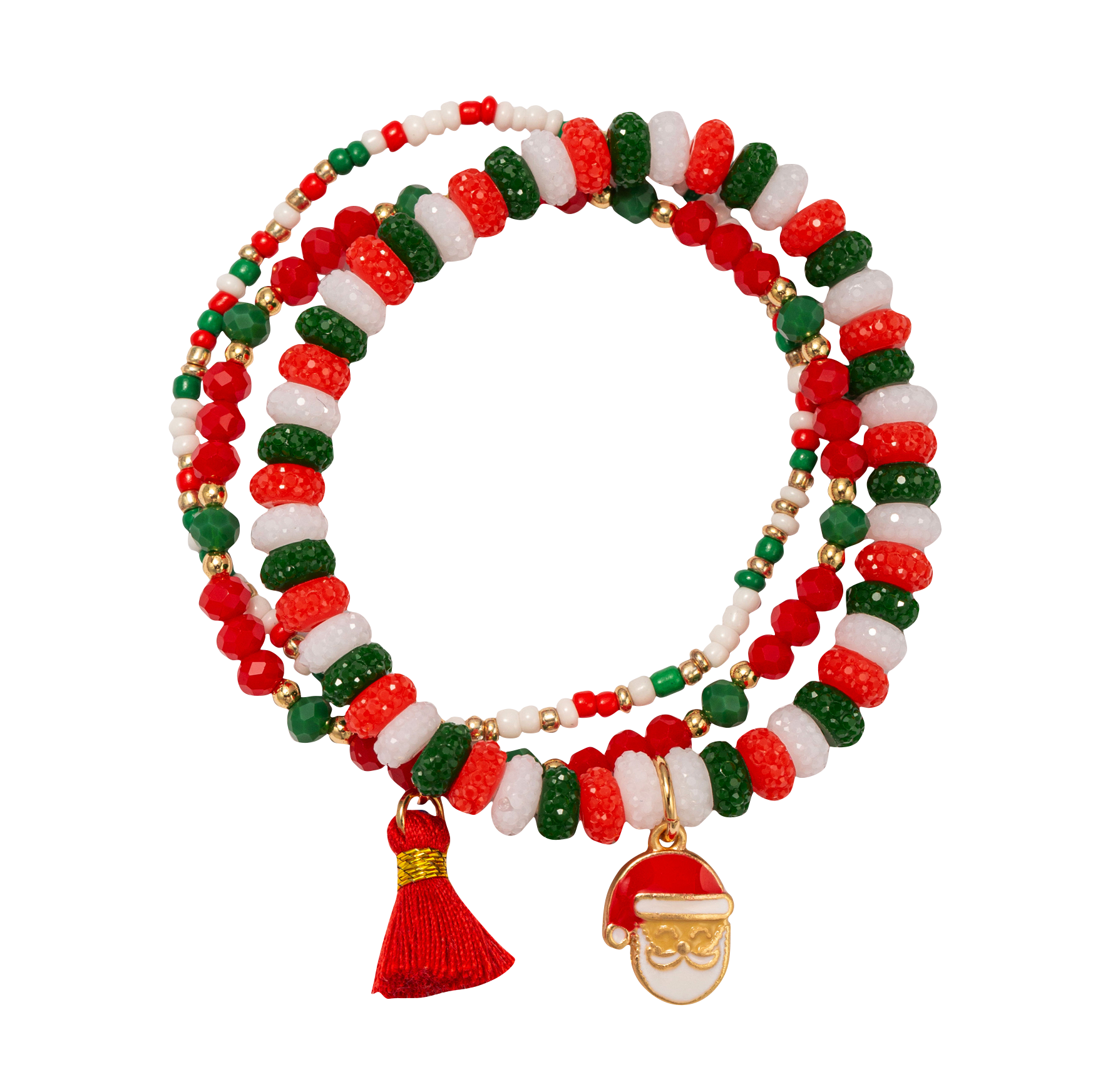 Kids Red, White, Green Beaded Stretch Bracelet with Red Santa