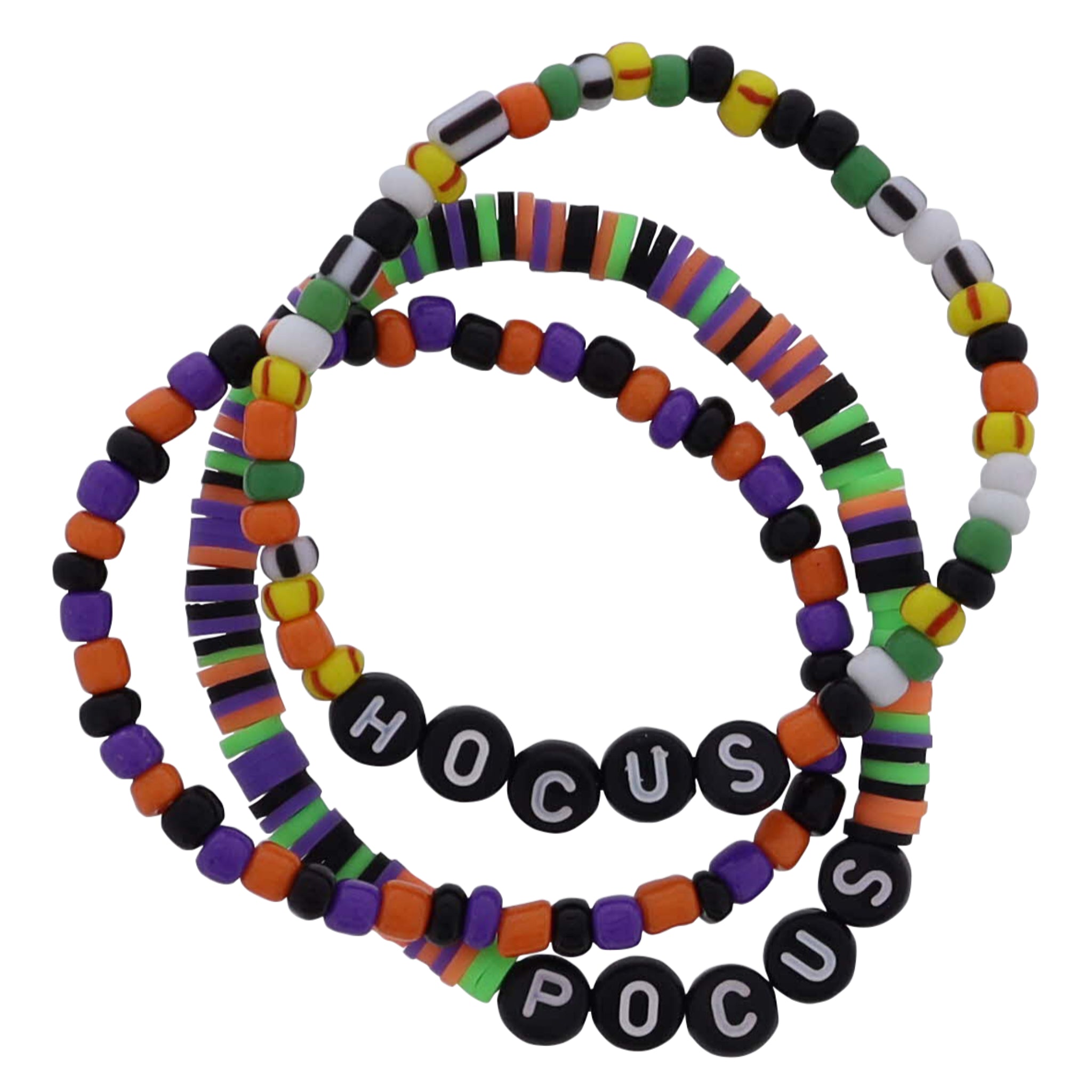 Kids Set of 3 Green, Purple, Orange, White, Yellow Rubber Disk & Beaded Bracelets with Hocus Pocus