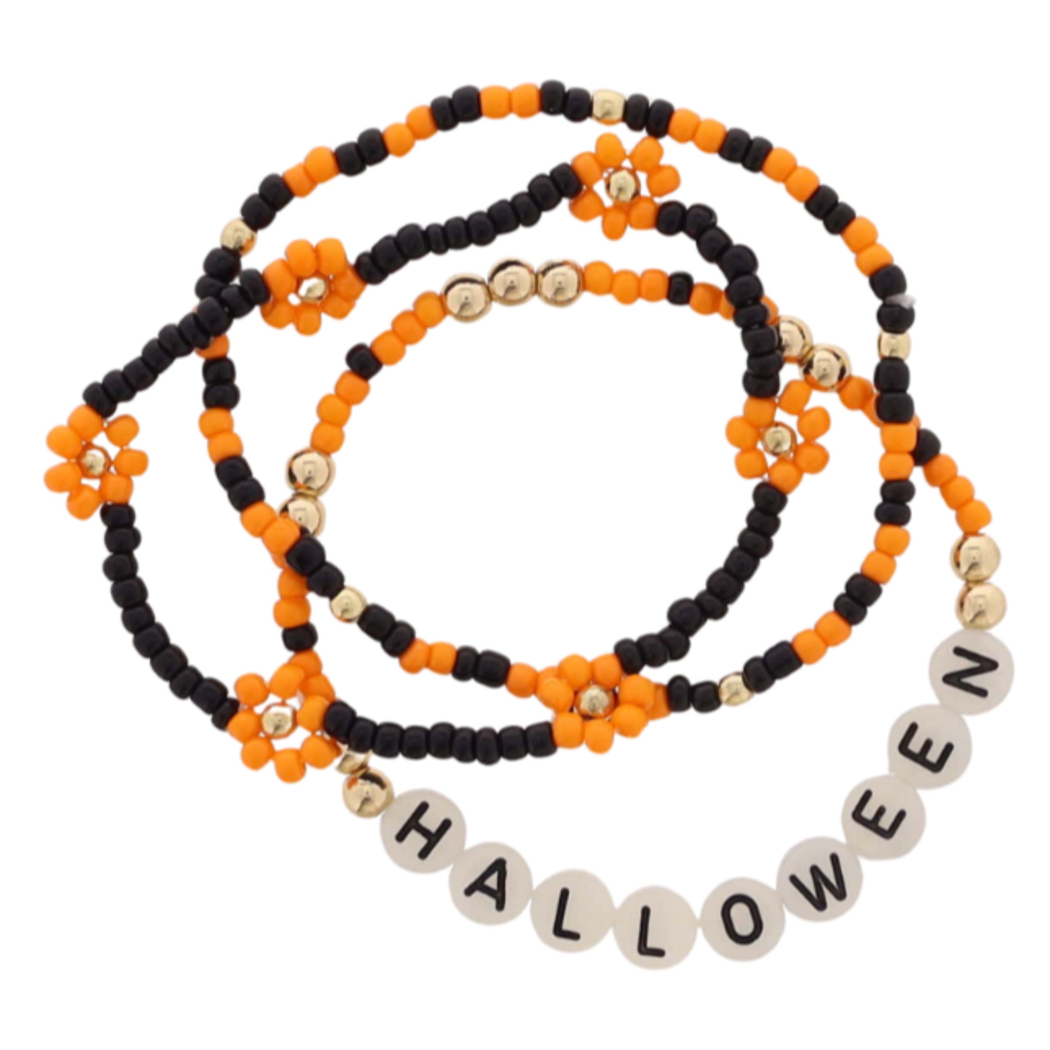 Kids Set of 3 Orange, Black, Gold Seed Bead Beaded Bracelets with Glow in the Dark "Halloween"