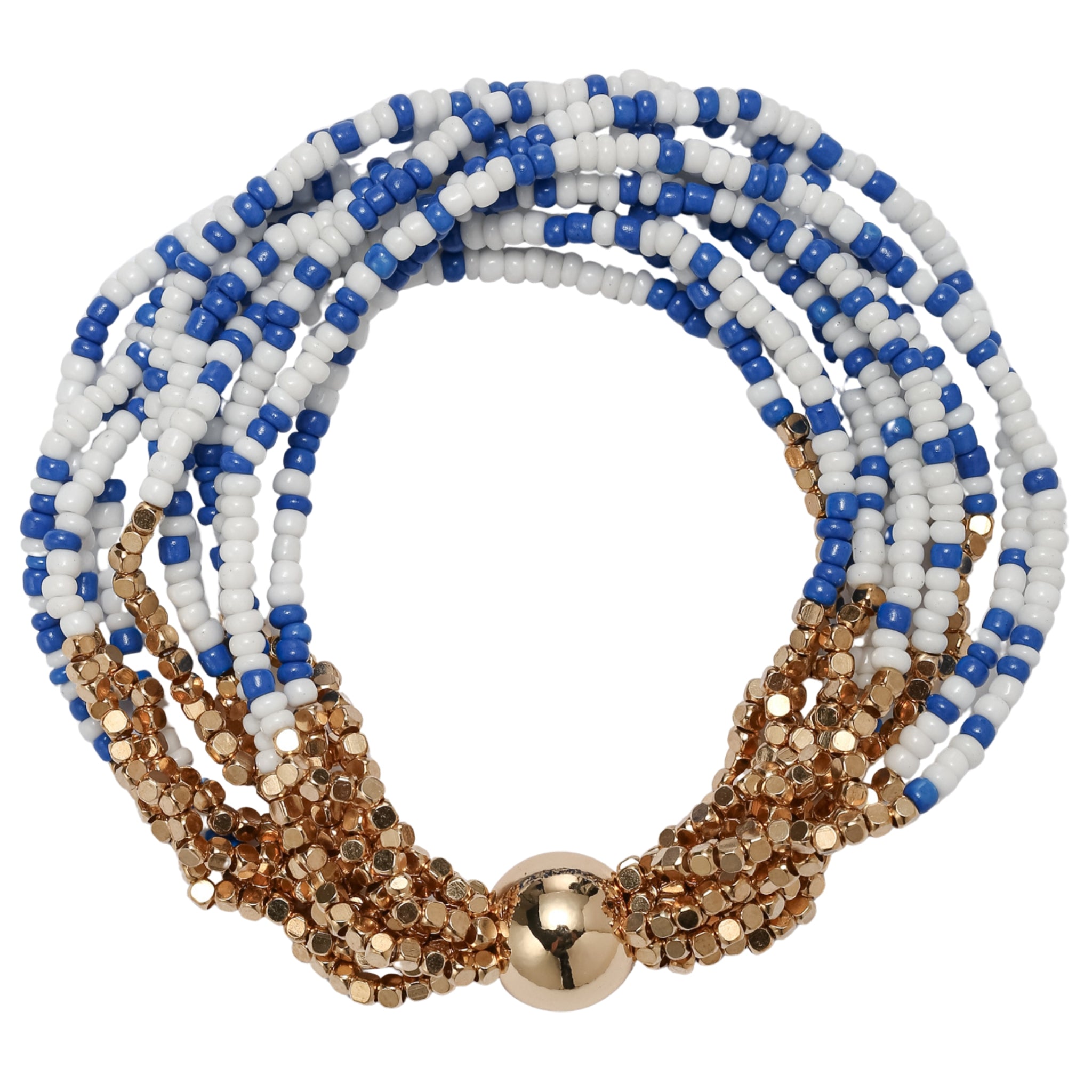 Royal Blue, White, Gold Seed Bead Beaded Multi Strand Bracelet with Gold Round Bead