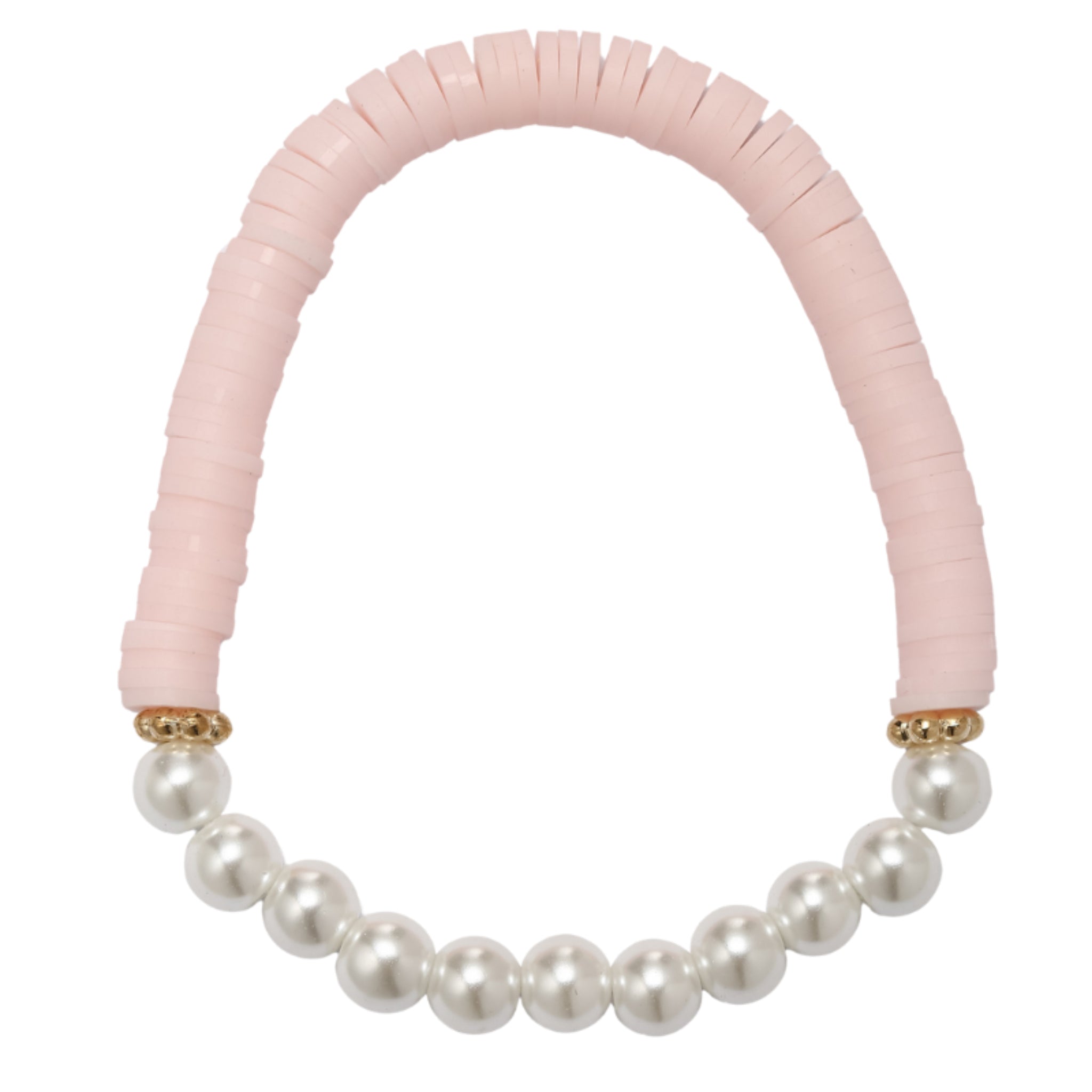 Kids Pale Pink Rubber Disk Beaded Bracelet with White Pearls