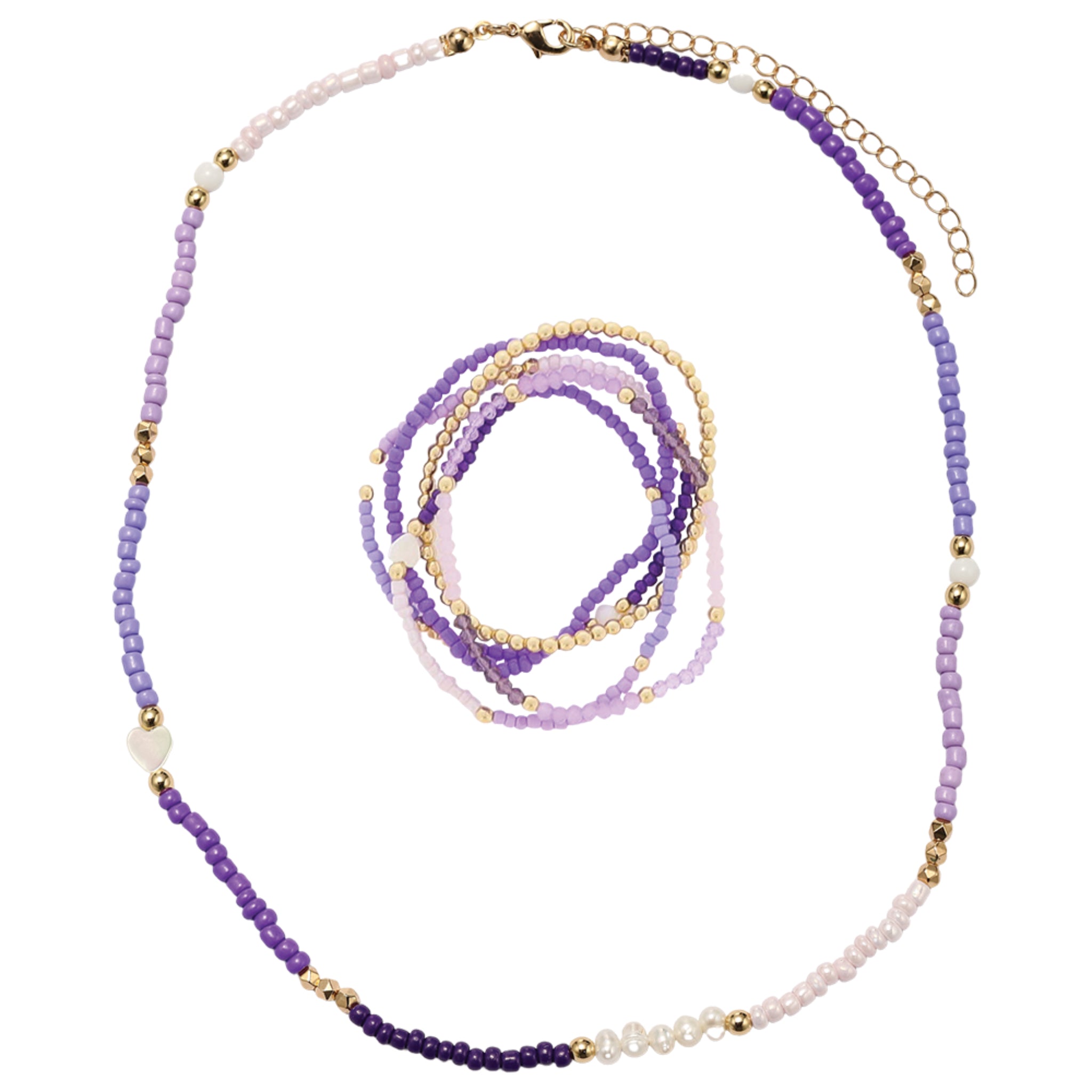 Kids Lavender, Purple, Pearl Seed Bead Beaded Necklace, Bracelet with Pearl Heart