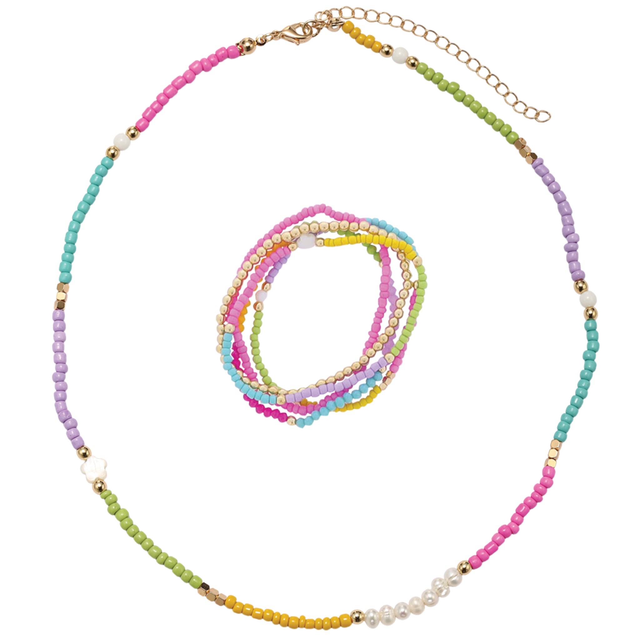 Kids Lime, Tq, Pink, Pearl, Yellow Seed Bead Beaded Necklace, Bracelet with Pearl Flower