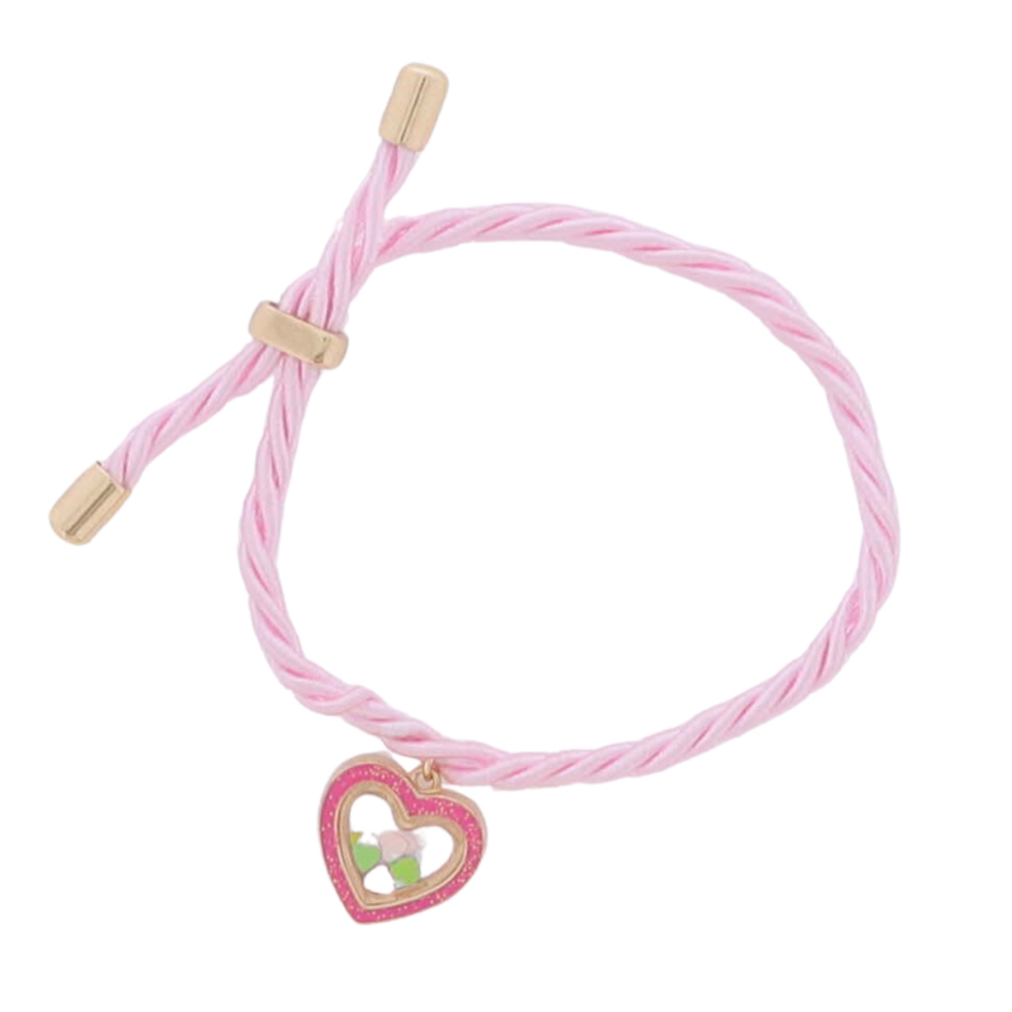 Kids Light Pink Rope Cord Bracelet with Pink Encased Heart with Heart Confetti Inside