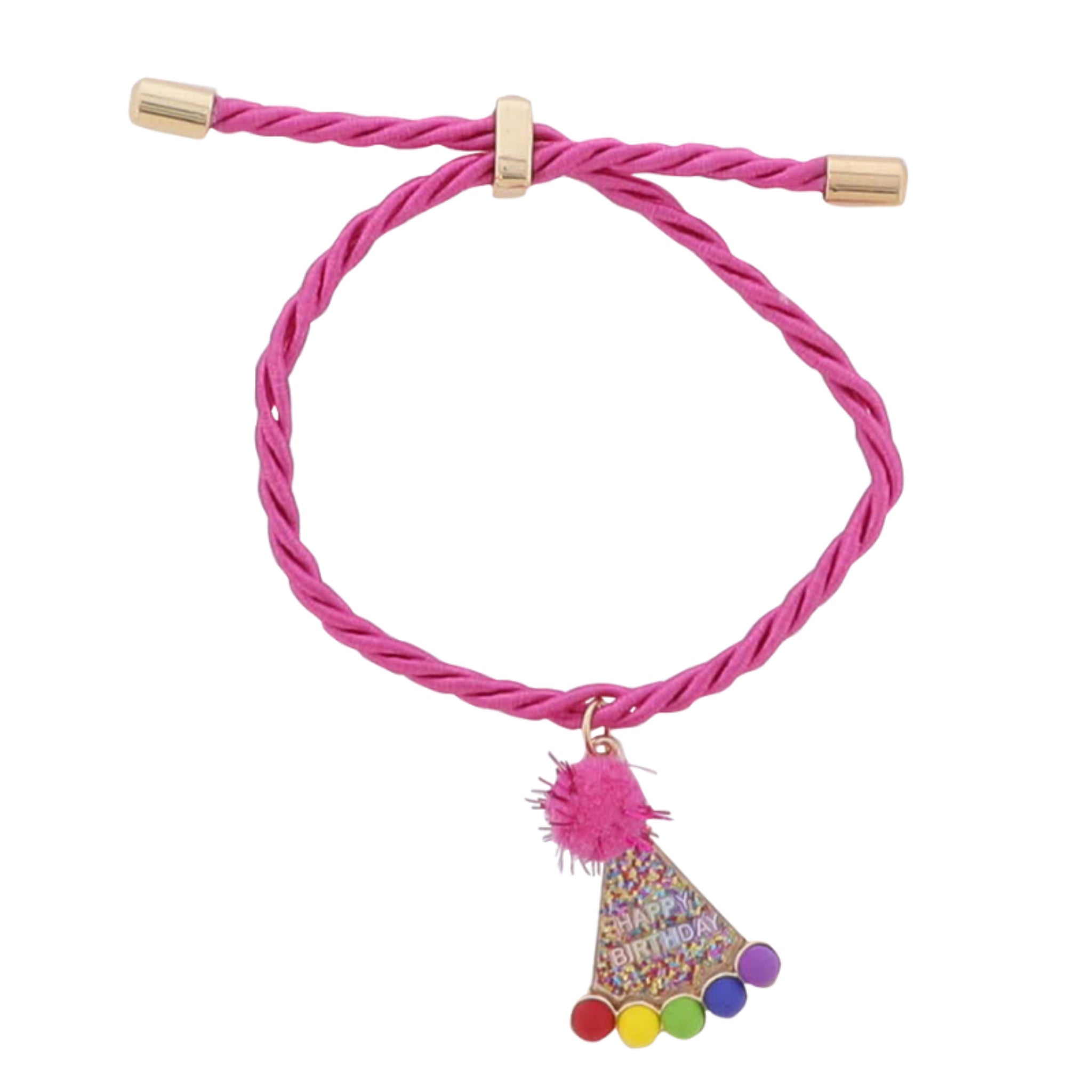 Kids Hot PInk Rope Cord Bracelet with Multi Birthday Hat with "Happy Birthday"