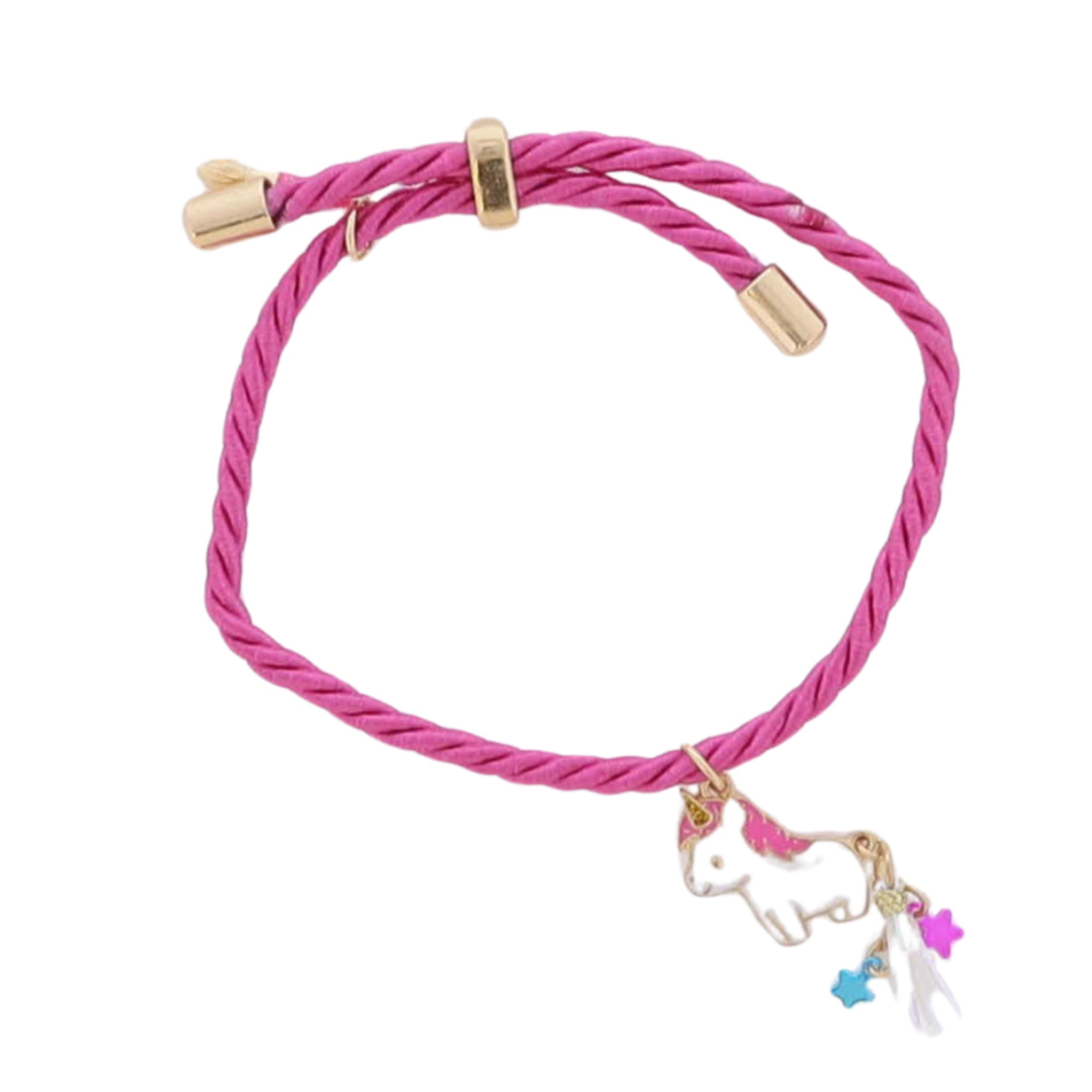 Kids Hot Pink Rope Cord Bracelet with White, Pink Enamel Unicorn with Tassel & Star Tail