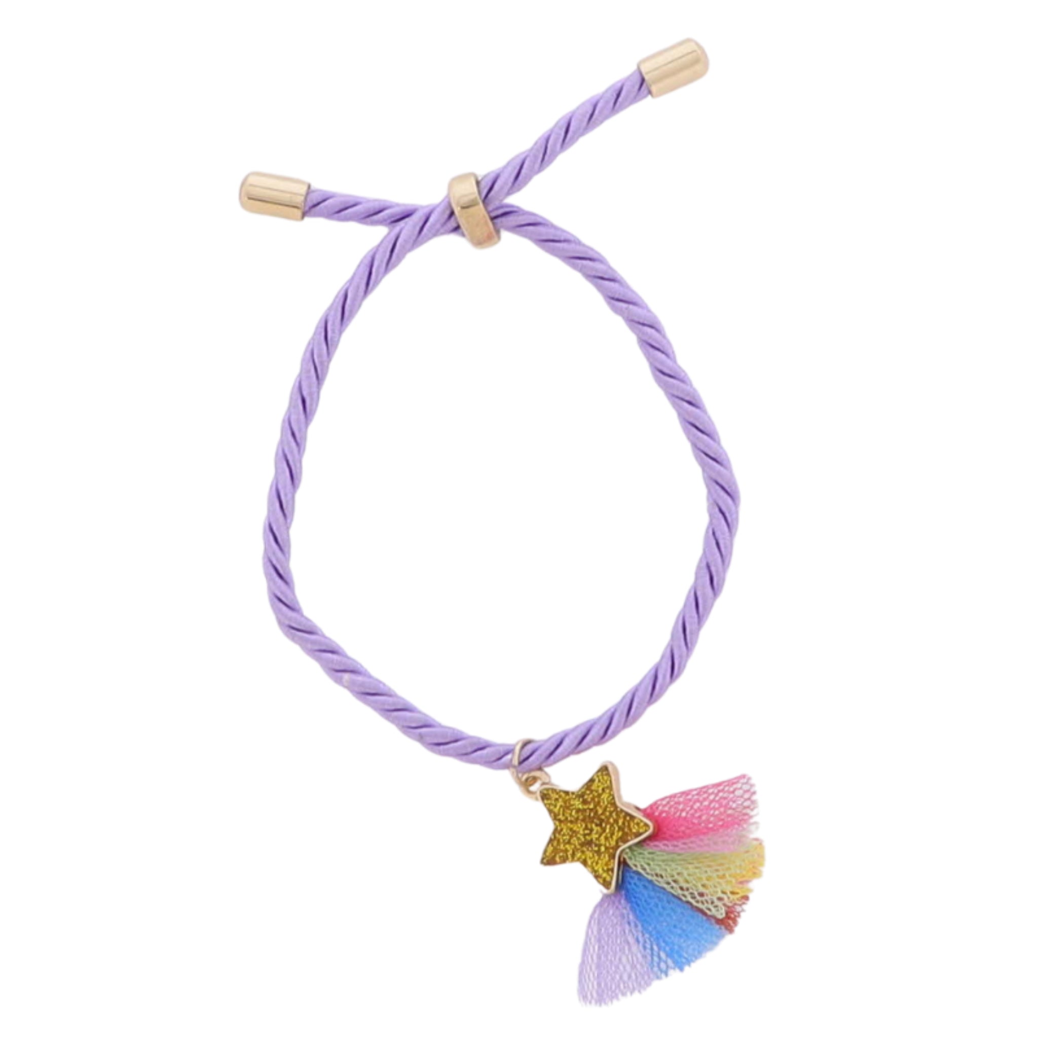 Kids Lavender Rope Cord Bracelet with Gold, Multi Star with Multi Fabric Fringe