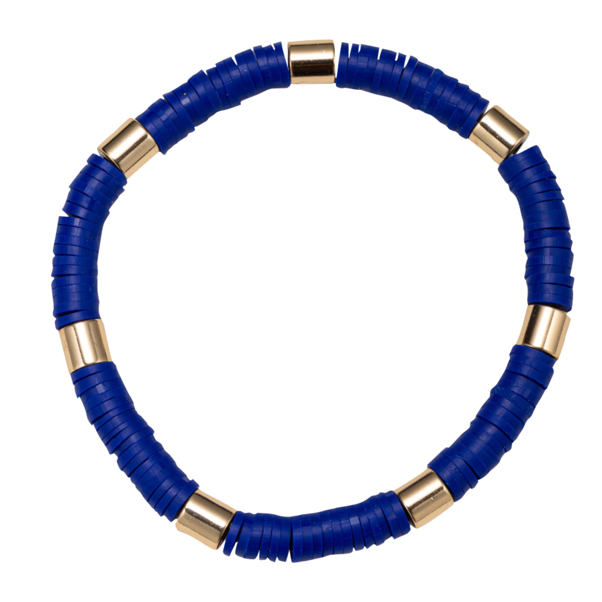 Blue Disk Beaded Stretch Bracelet with Gold Spacers