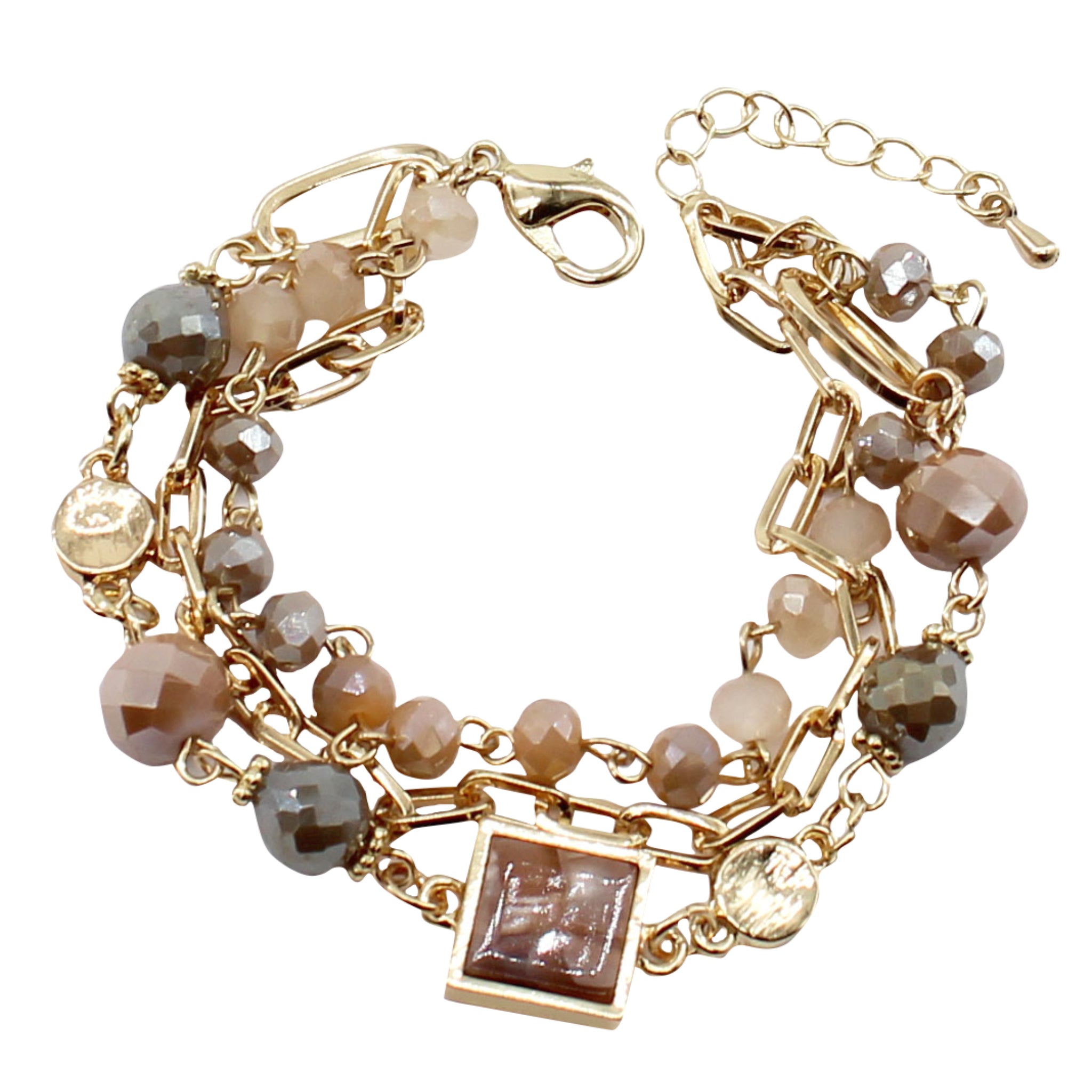 3 Strand Black, Champagne, Gold Beaded Link Bracelet with Black, Natural Resin Square
