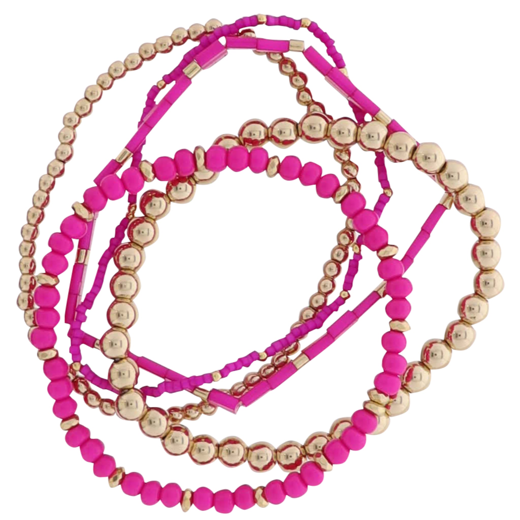 Set of 5 Pink, Gold Beaded Stretch Bracelet