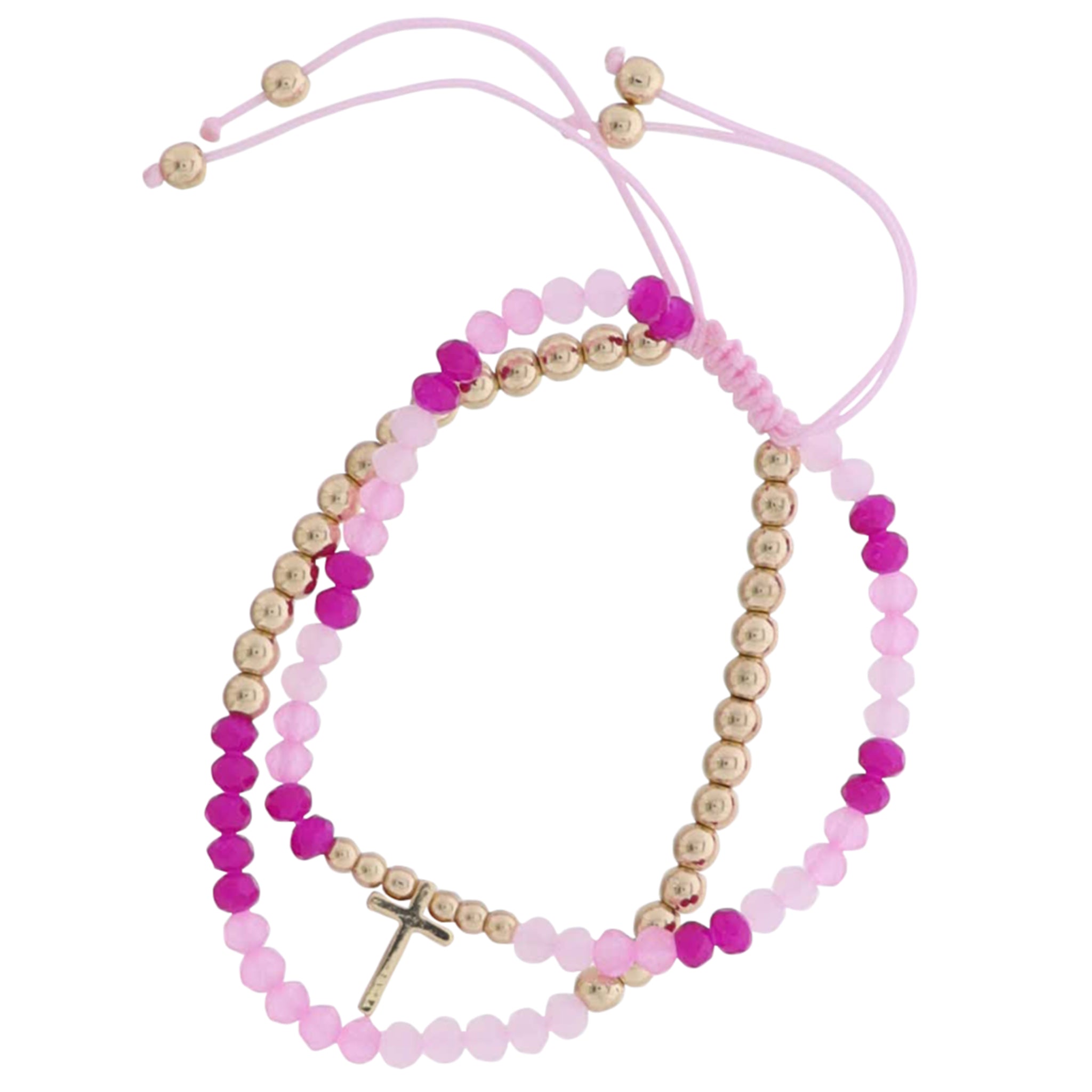 2 Strand Pinks, Gold Beaded Pully Adj. Bracelet with Gold Cross