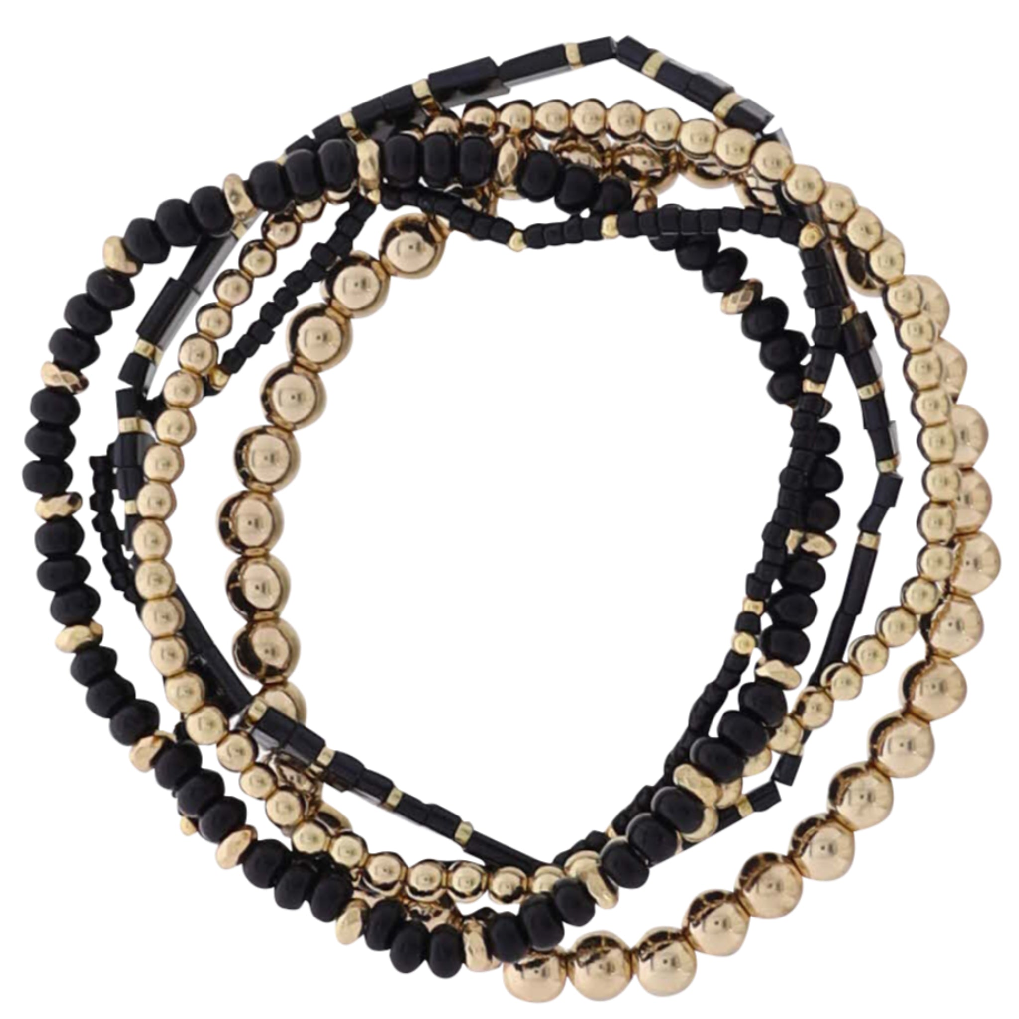 Set of 5 Black, Gold Beaded Stretch Bracelet
