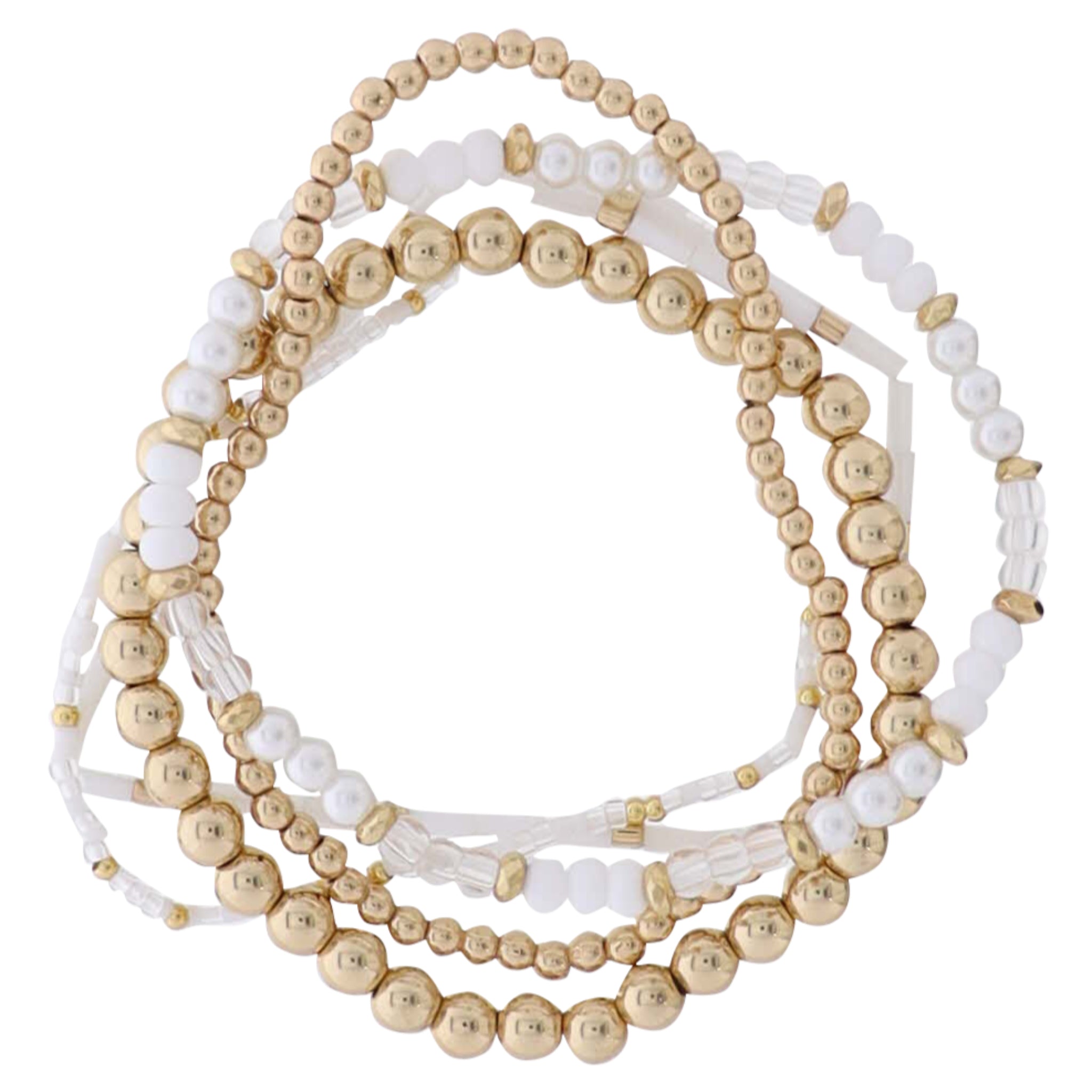 Set of 5 White, Clear, Gold, Pearl Beaded Stretch Bracelet