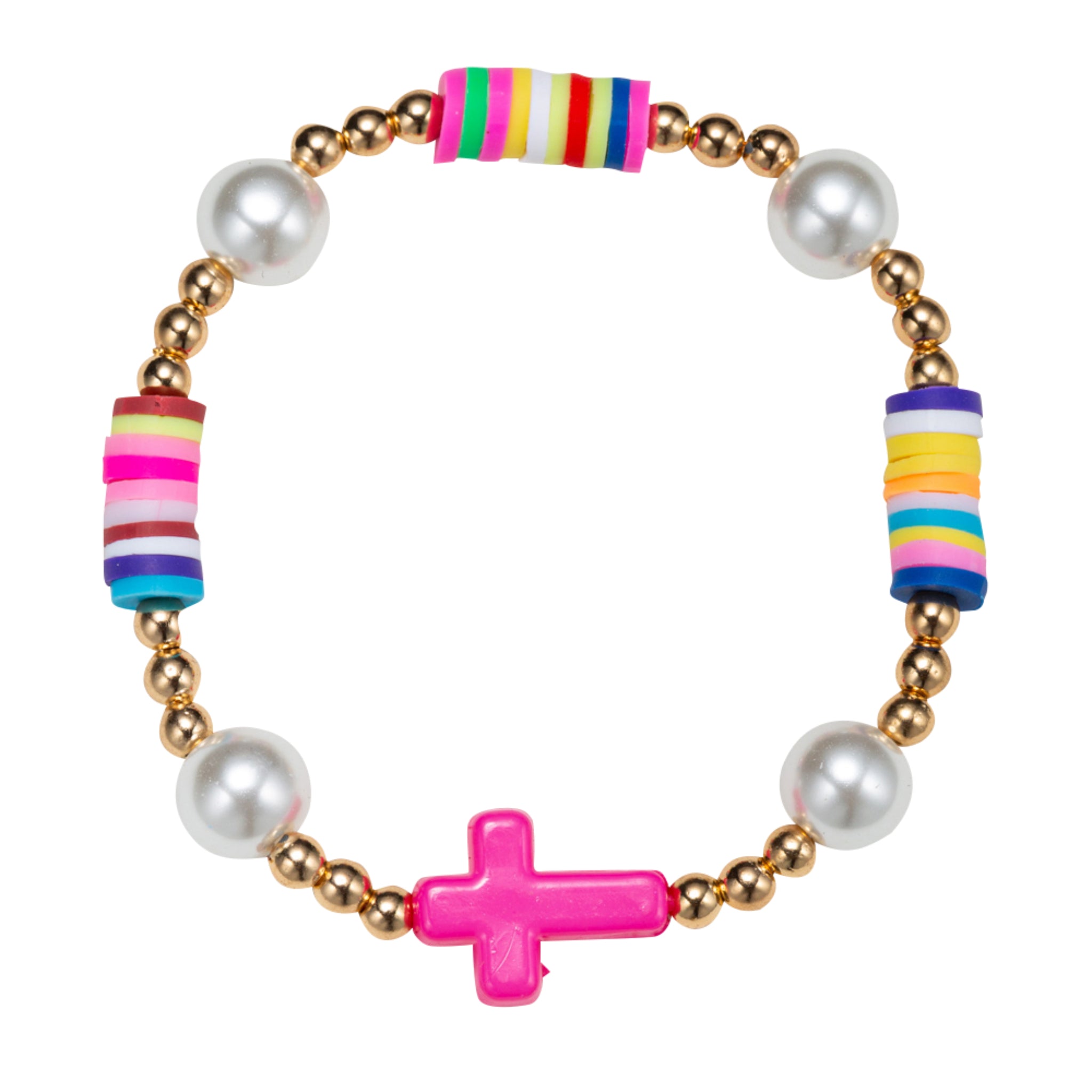 Kids Gold, Pearl, Multi Rubber Disk Beaded Stretch Bracelet with Cross